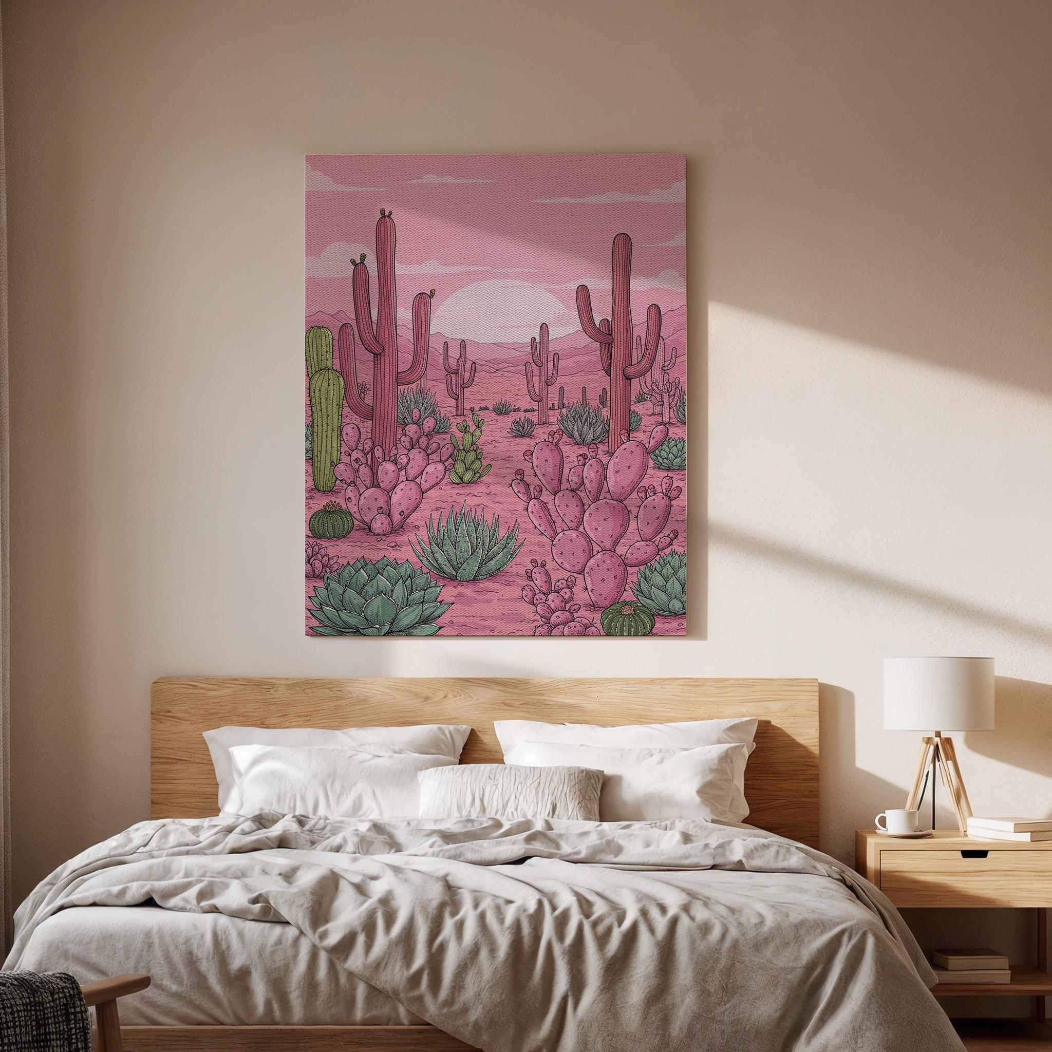 Pink Desert Cactus Canvas Wall Art, Succulent Landscape Print, Southwestern Nature Artwork Framed for Living Room Bedroom or Boho Home Decor