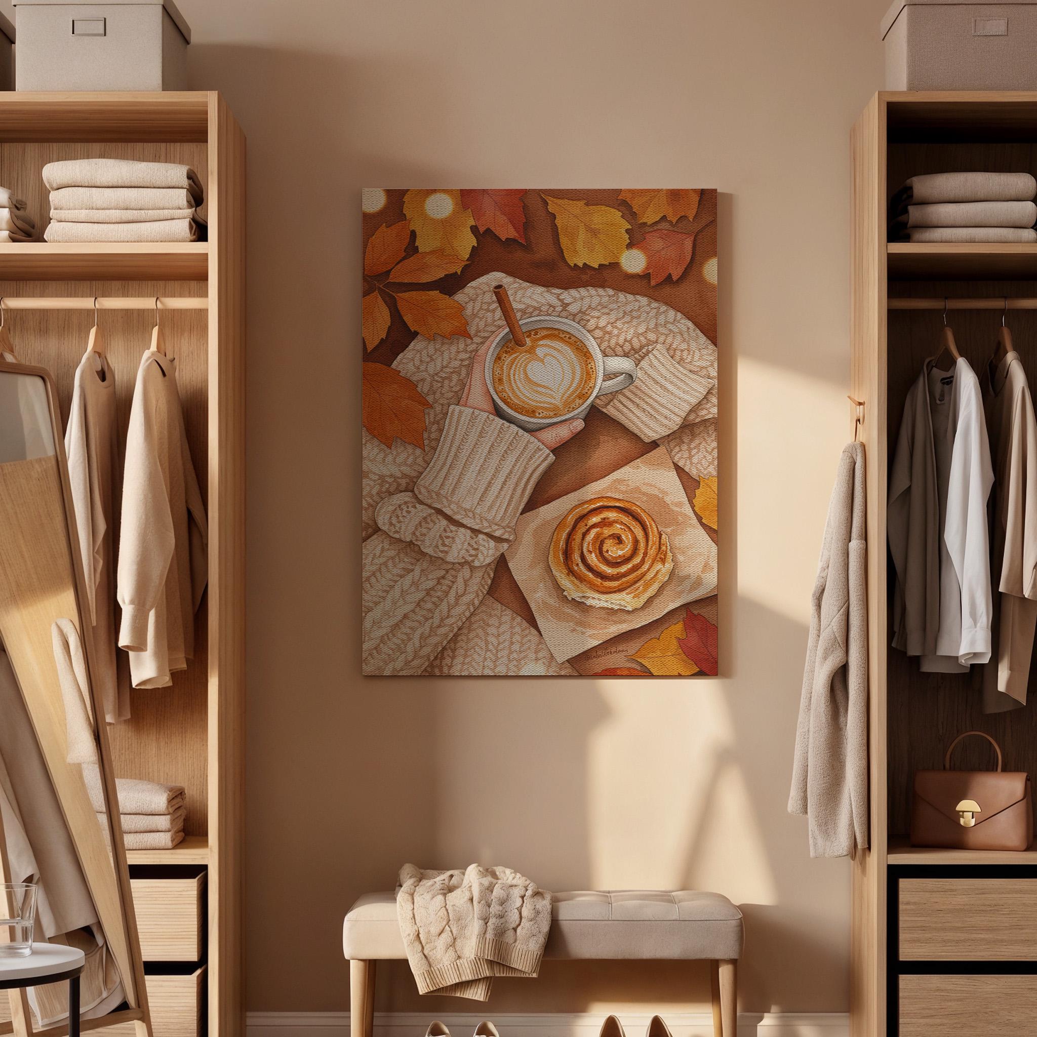 Autumn Coffee Canvas Wall Art, Cozy Fall Print with Sweater, Cinnamon Roll, Rustic Kitchen Decor, Seasonal Cafe Artwork, Framed Dining Room