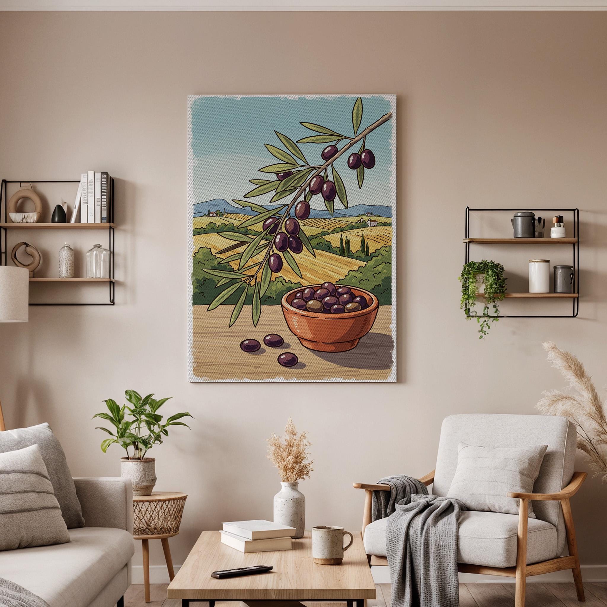 Olive Branch Canvas Art, Mediterranean Kitchen Decor, Framed Botanical Print