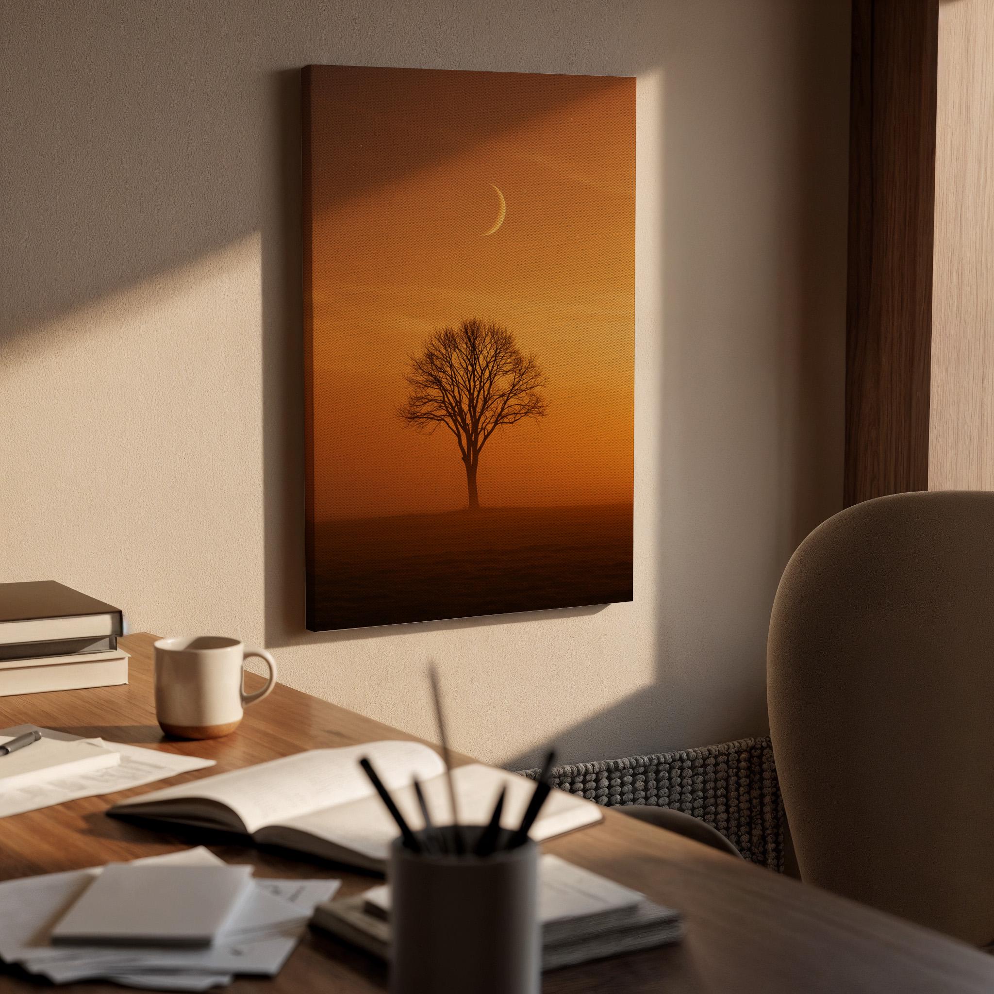 Moonlit Tree Canvas Wall Art, Orange Sunset Night Sky Print, Framed Minimal Landscape Decor, Serene Nature Artwork for Bedroom, Living Room