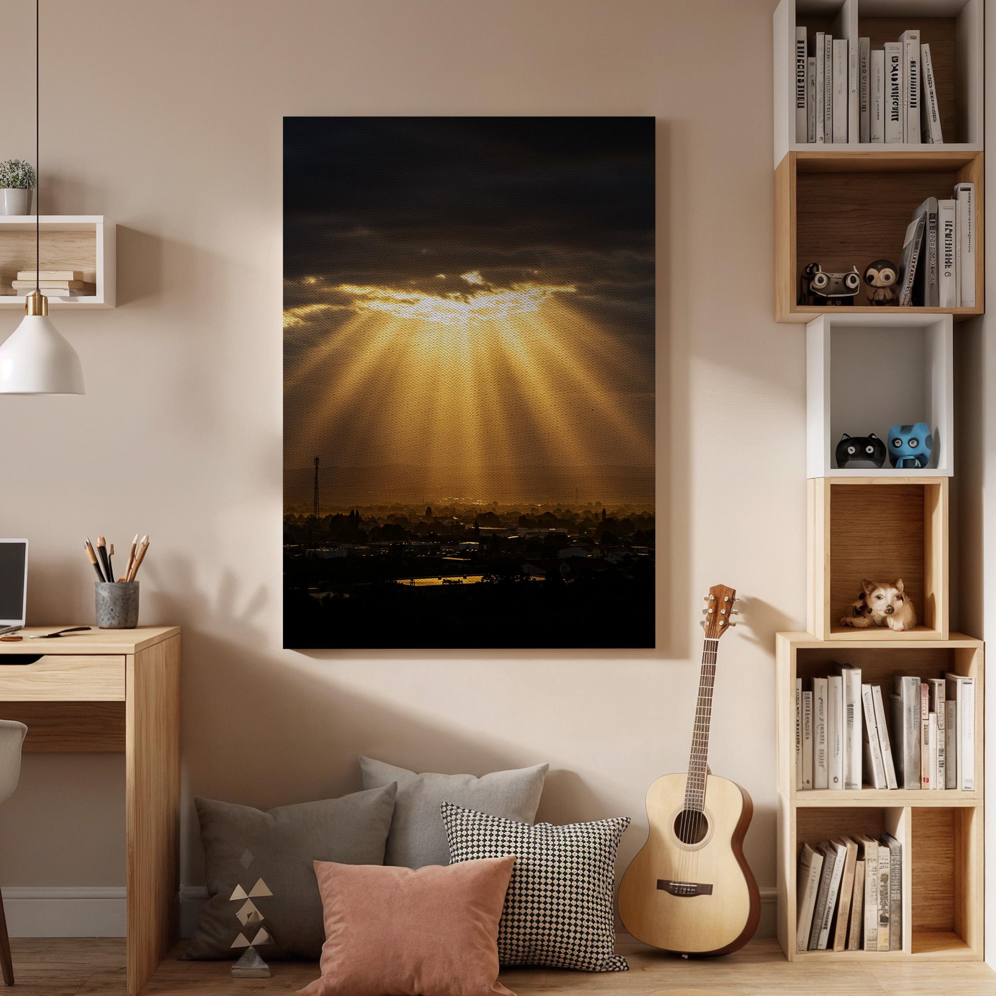Golden Sun Rays Canvas Wall Art, Dramatic Sunset Sky Print, Framed Nature Photography, Serene Landscape Artwork for Living Room Bedroom