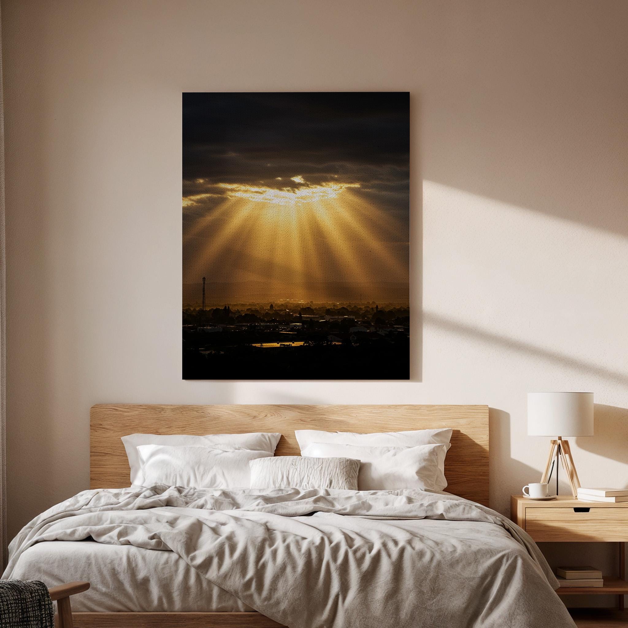 Golden Sun Rays Canvas Wall Art, Dramatic Sunset Sky Print, Framed Nature Photography, Serene Landscape Artwork for Living Room Bedroom