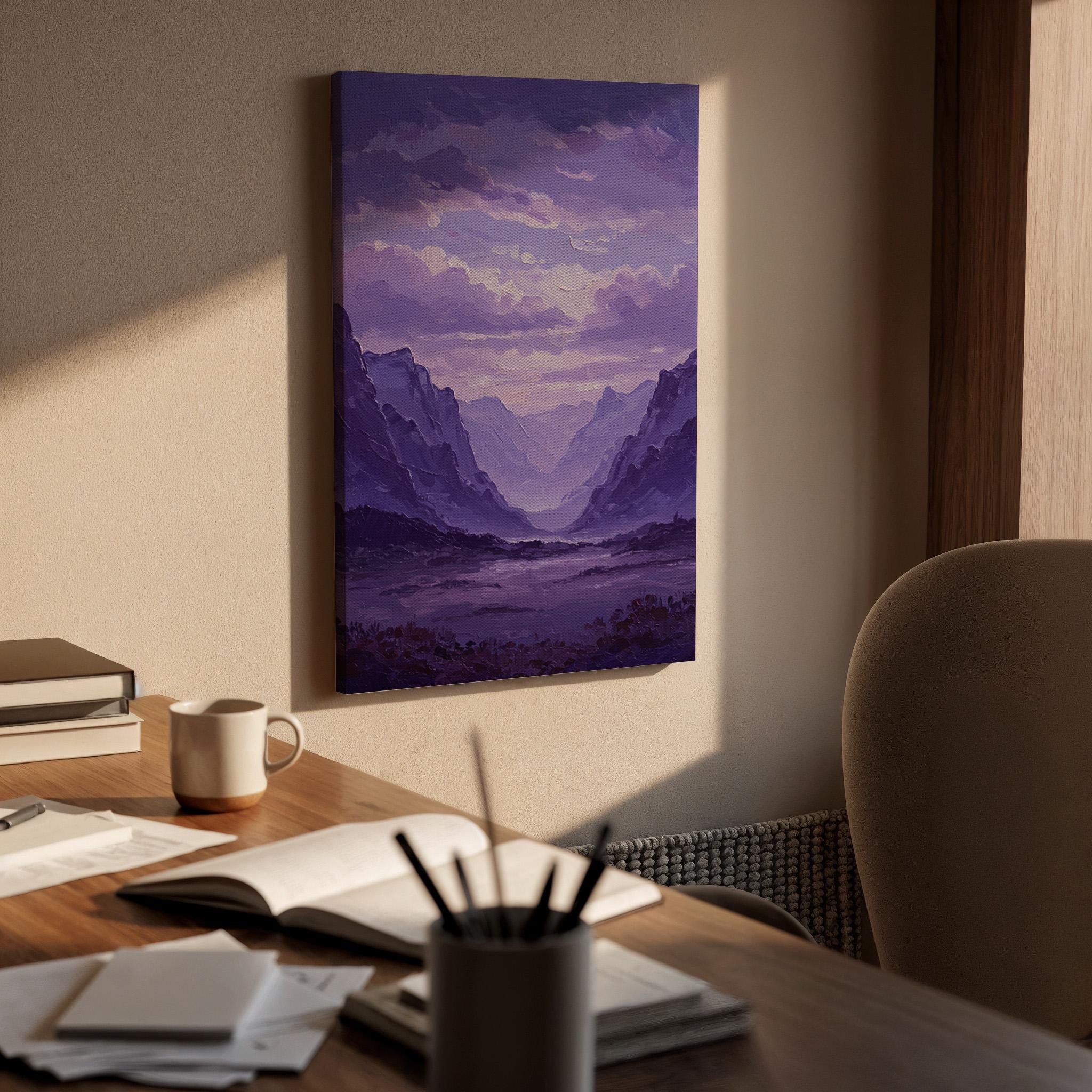 Purple Mountain Canvas Wall Art, Abstract Landscape Print, Framed Valley Artwork,Modern Minimal Nature Painting,Scenic Wall Decor for Office