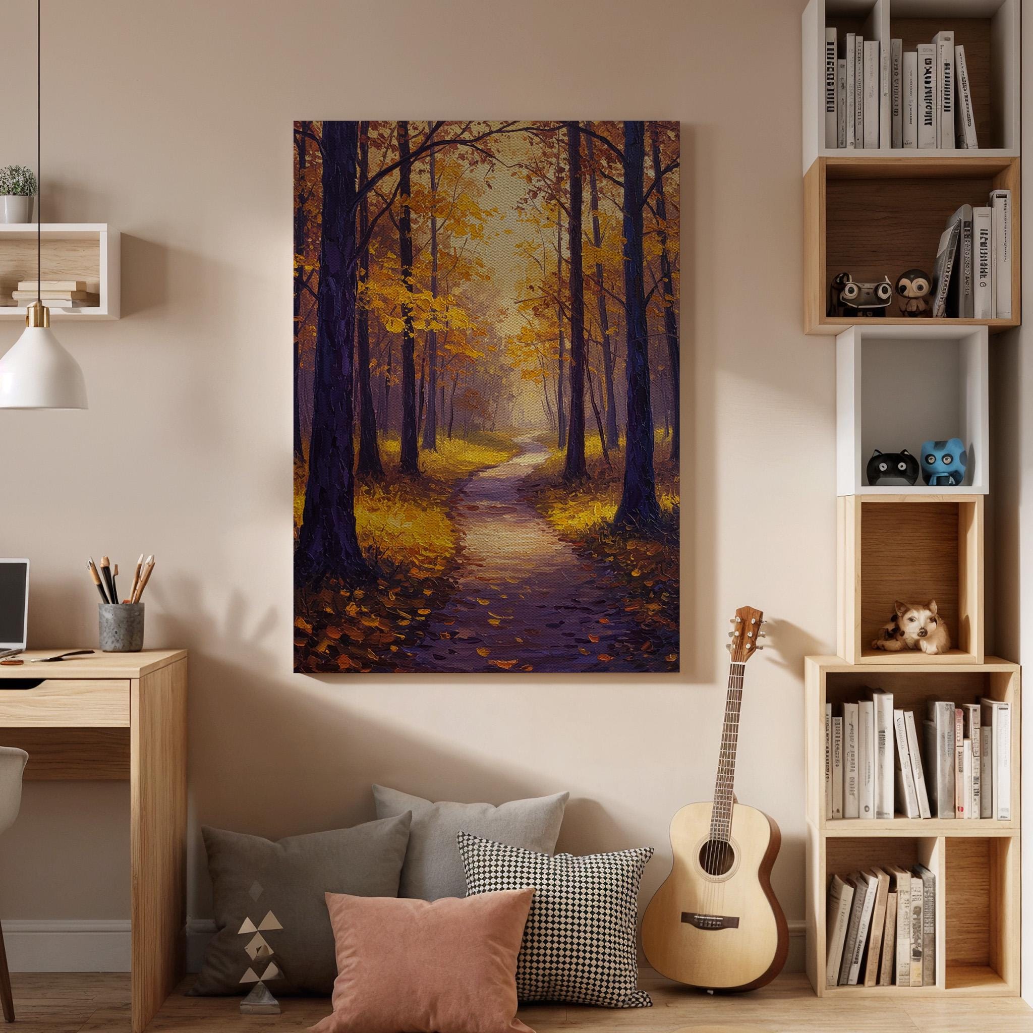 Autumn Forest Canvas Wall Art, Golden Pathway Print, Fall Landscape Decor, Framed Woodland Artwork, Warm Autumn Painting for Living Room