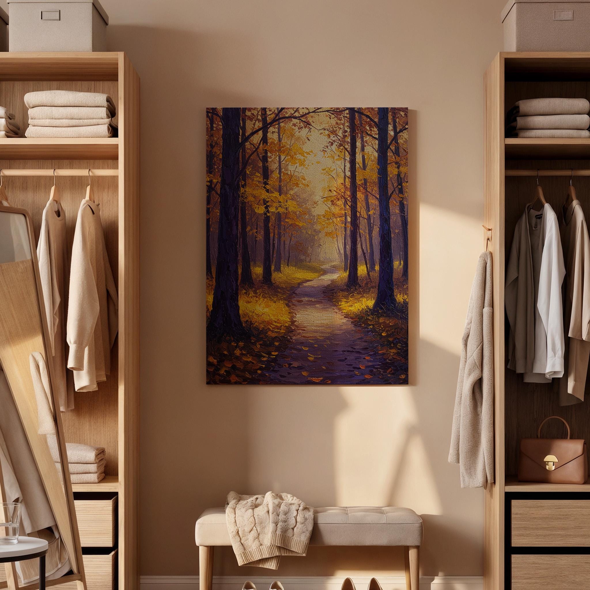 Autumn Forest Canvas Wall Art, Golden Pathway Print, Fall Landscape Decor, Framed Woodland Artwork, Warm Autumn Painting for Living Room
