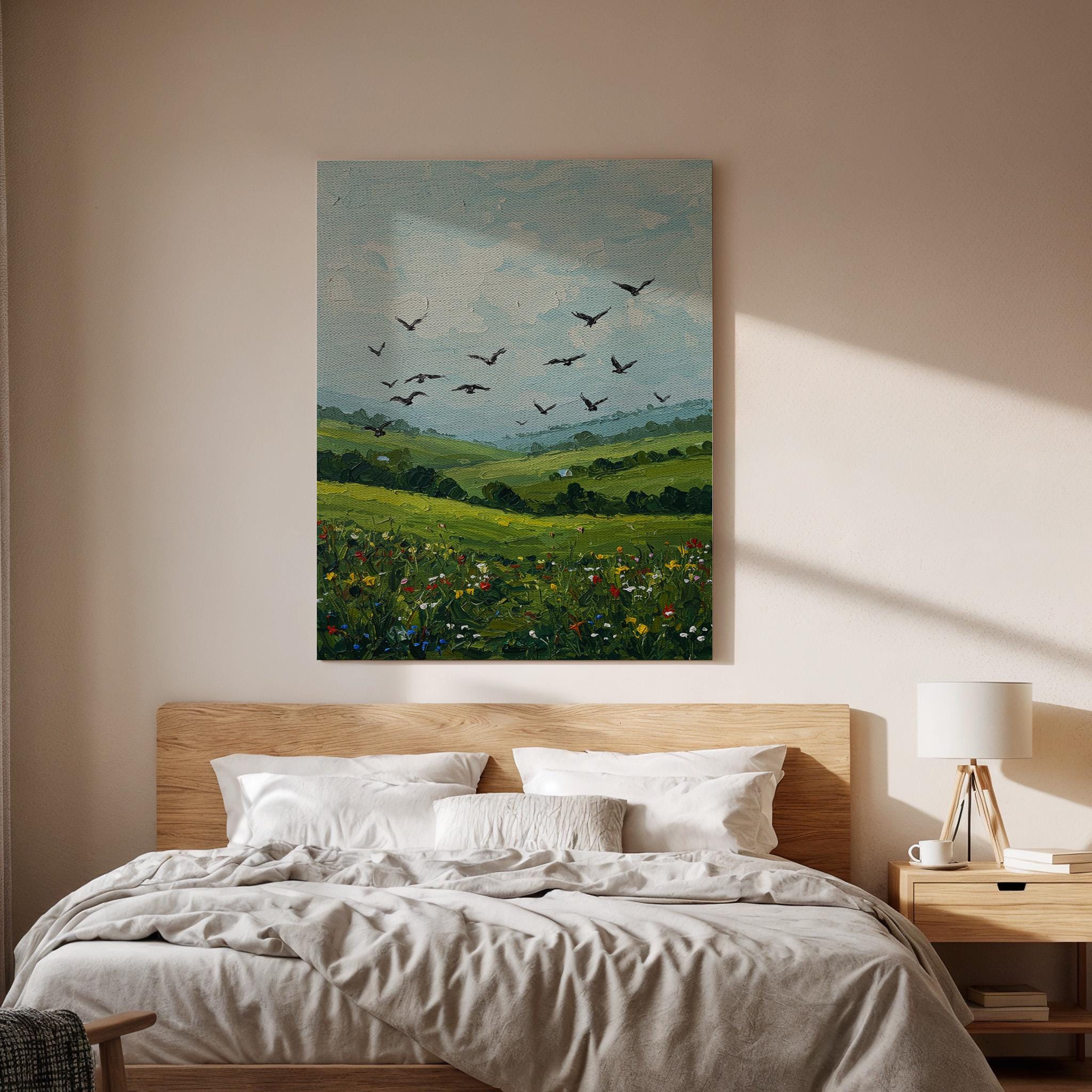 Green Landscape Canvas Wall Art, Birds in Sky Print, Nature Field Artwork,Framed Countryside Decor,Rustic Farmhouse Painting for Living Room