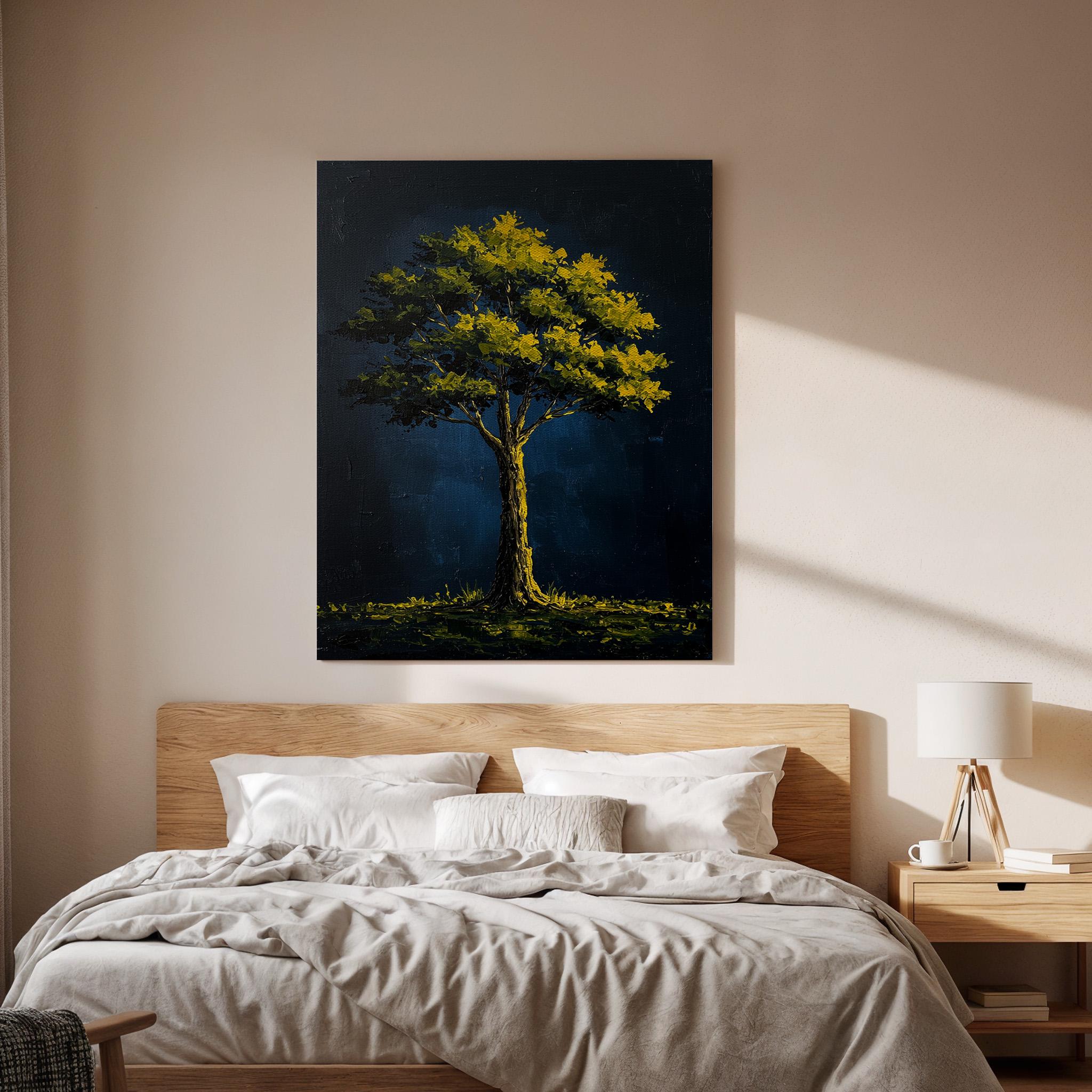 Golden Tree Canvas Wall Art, Dark Blue Night Print, Framed Nature Artwork, Modern Abstract Decor, Elegant Botanical Painting for Living Room