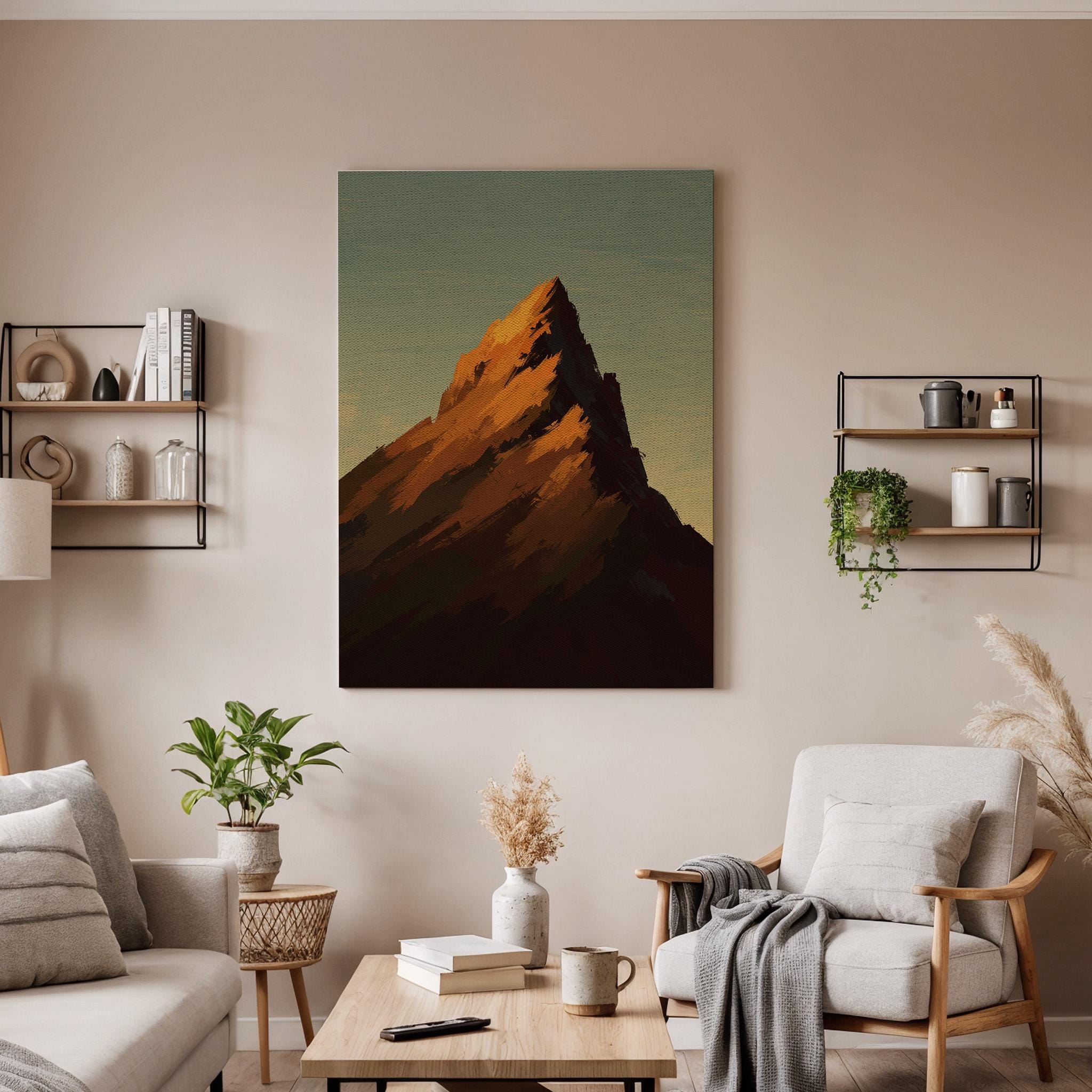 Mountain Peak Canvas Wall Art, Sunset Painting Print, Minimal Landscape Artwork, Framed Nature Decor for Living Room Bedroom or Office