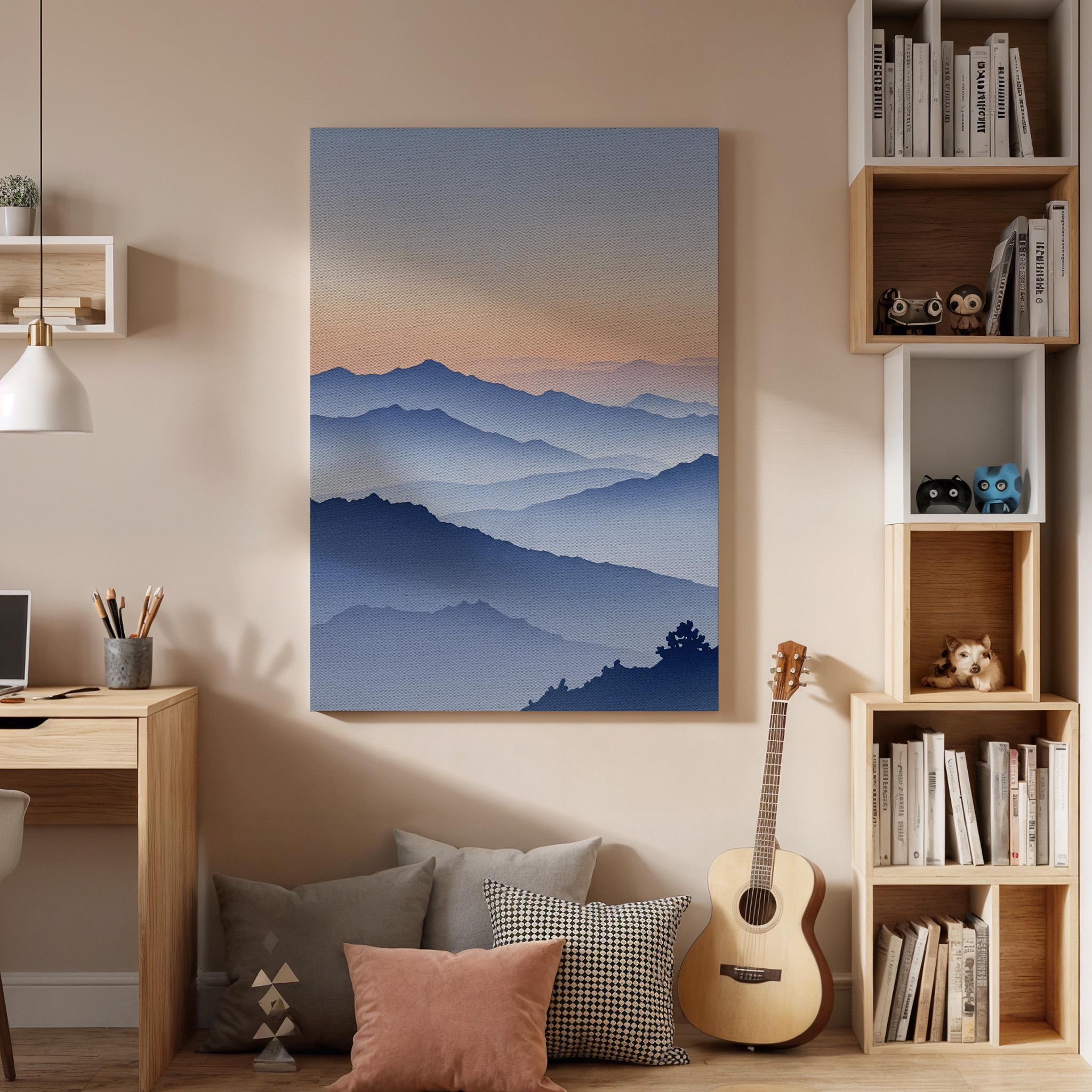 Mountain Sunset Canvas Wall Art, Misty Layered Landscape Print, Serene Nature Framed Decor for Bedroom, Living Room, Meditation Space