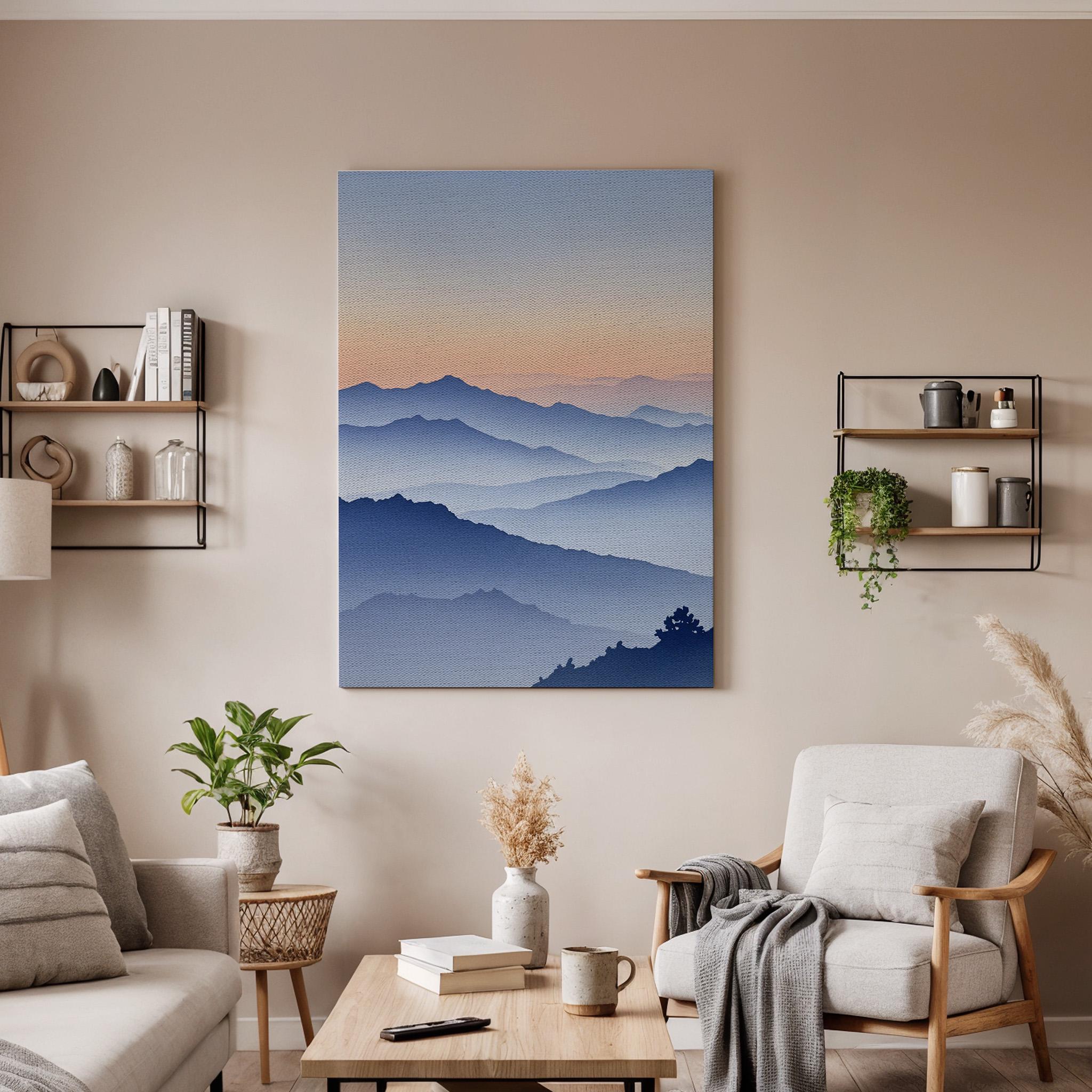 Mountain Sunset Canvas Wall Art, Misty Layered Landscape Print, Serene Nature Framed Decor for Bedroom, Living Room, Meditation Space