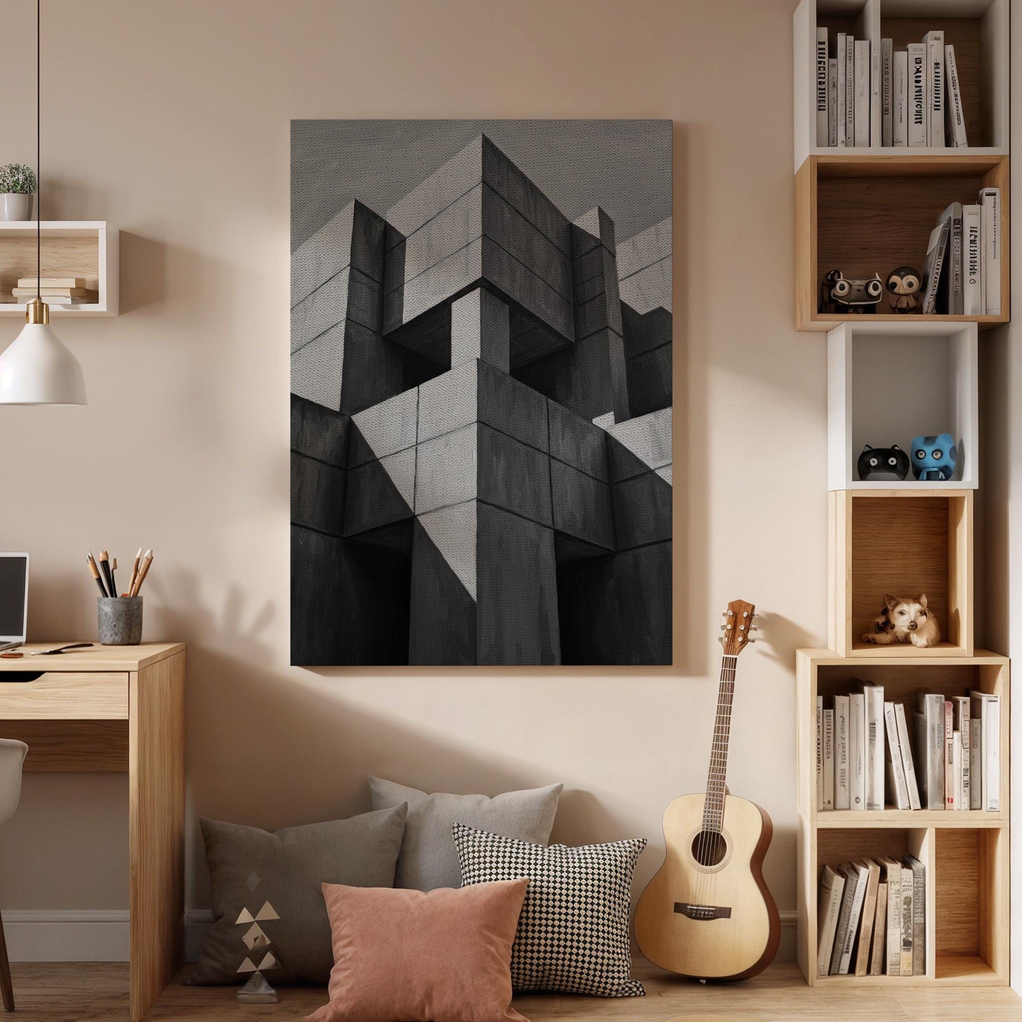 Brutalist Architecture Canvas Wall Art, Geometric Concrete Abstract Print, Modern Minimal Framed Decor for Office, Living Room or Studio