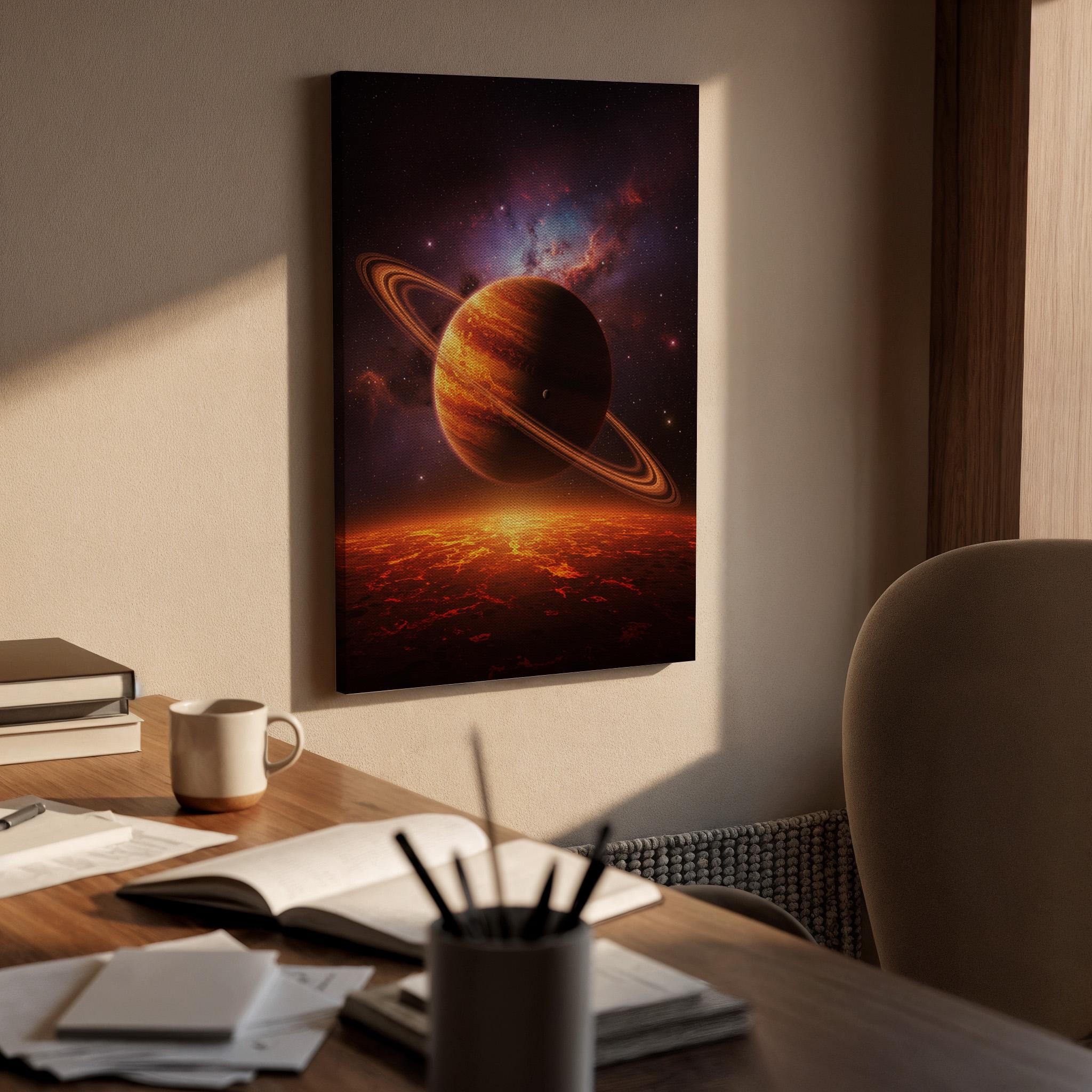 Ringed Planet Space Canvas Wall Art, Fiery Cosmic Galaxy Print, Sci Fi Astronomical Framed Decor for Bedroom, Living Room, Office or Studio