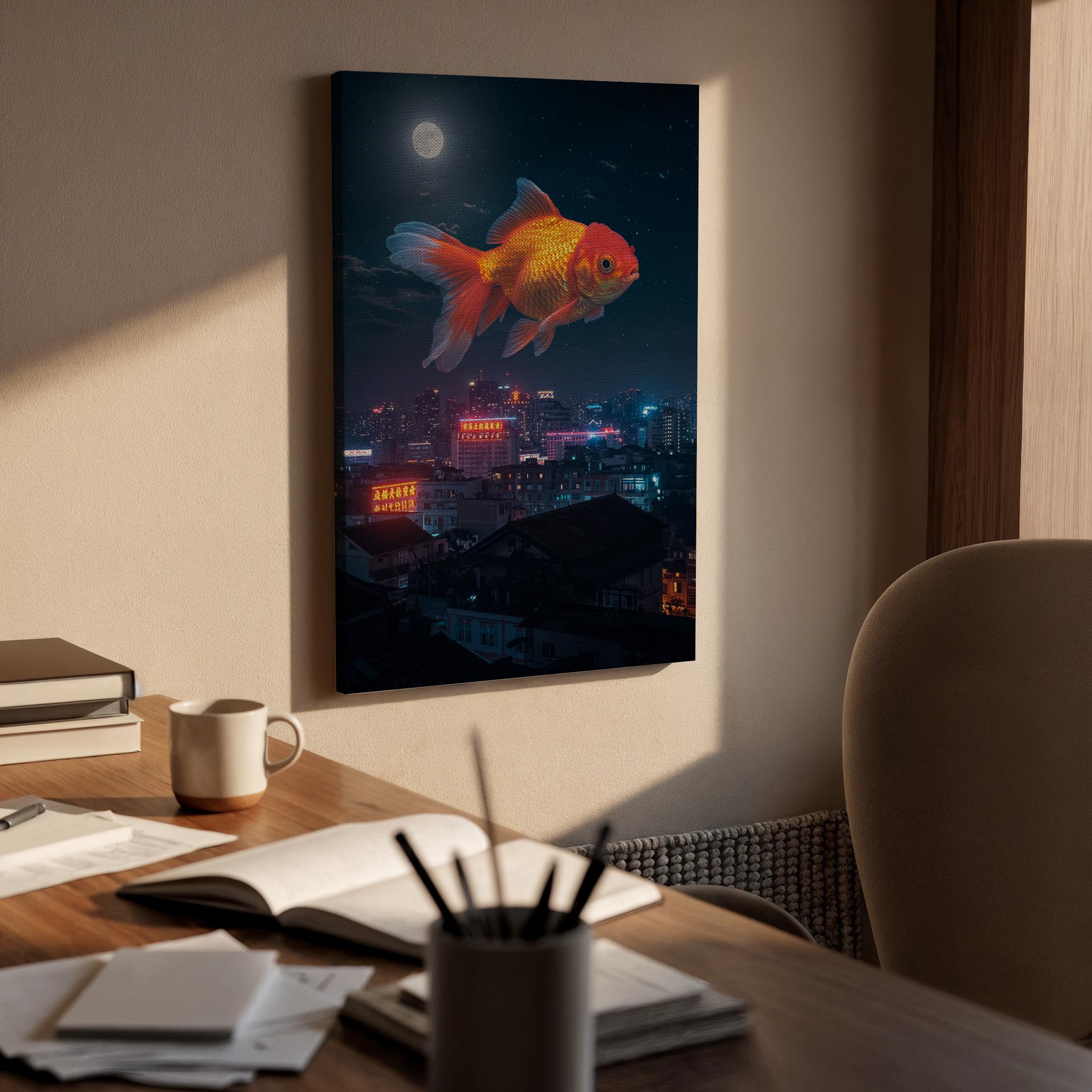 Giant Goldfish Canvas Print, Framed Surreal Night City Art
