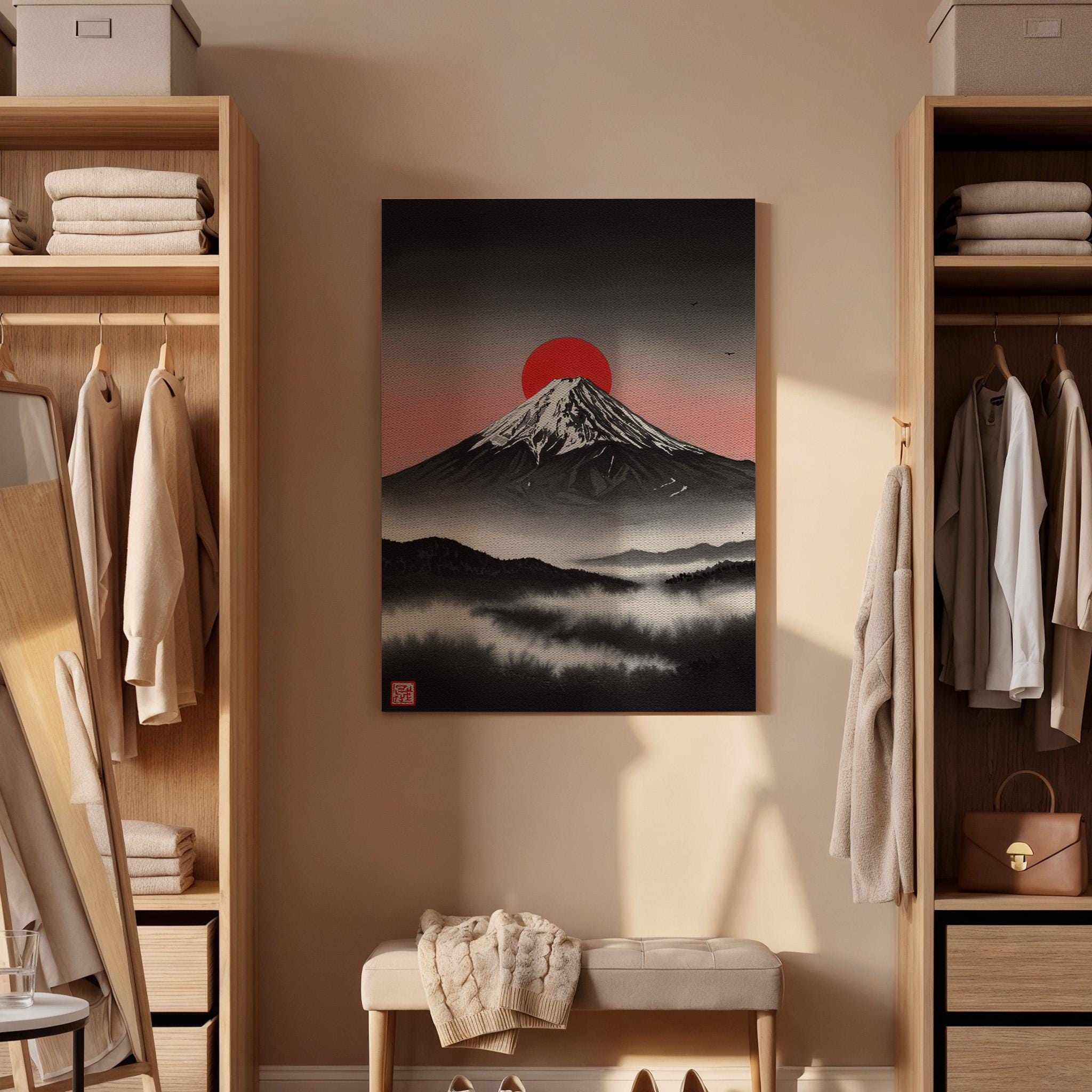 Japanese Mount Fuji Canvas Wall Art Framed, Red Sun Minimal Landscape Print, Zen Asian Nature Decor for Living Room, Meditation Space