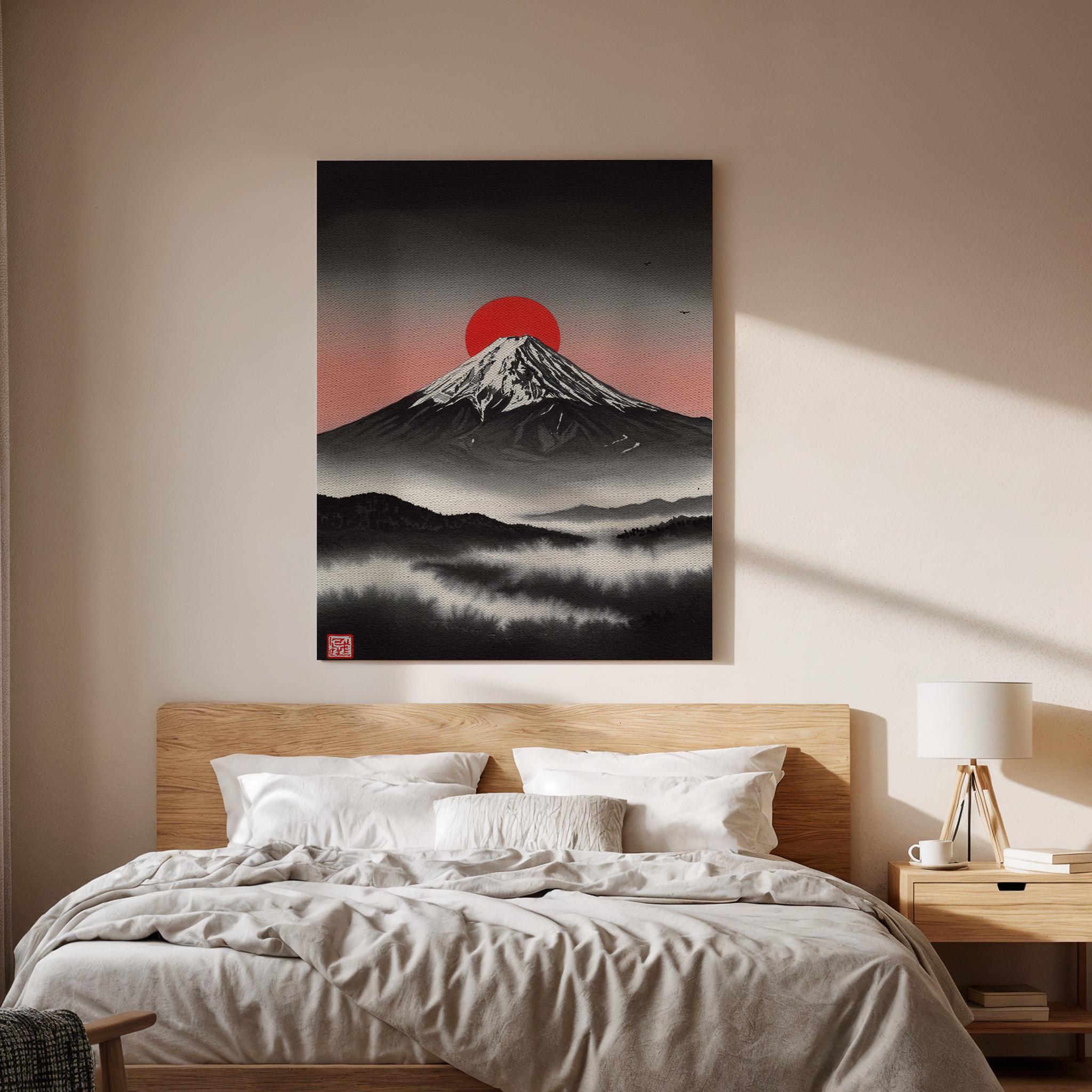 Japanese Mount Fuji Canvas Wall Art Framed, Red Sun Minimal Landscape Print, Zen Asian Nature Decor for Living Room, Meditation Space