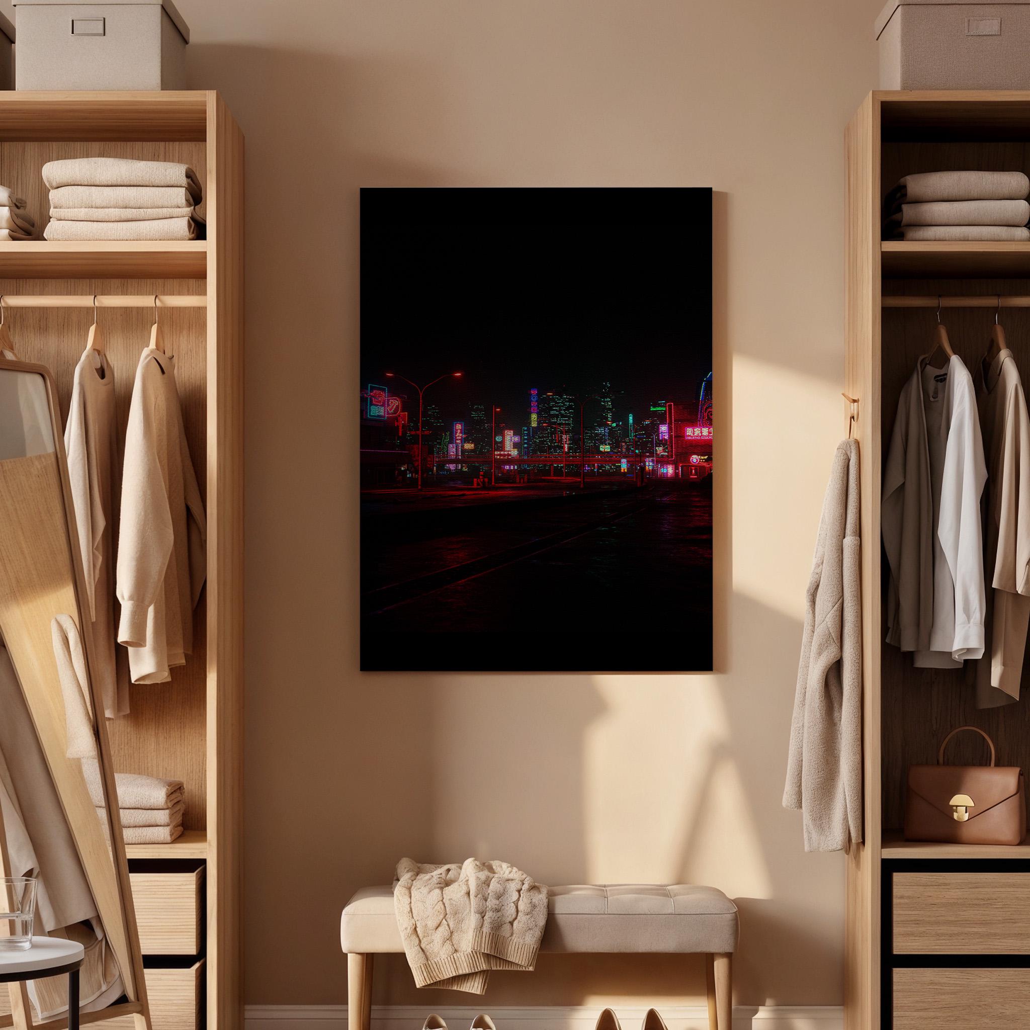 Neon City Night Canvas Wall Art Framed, Futuristic Urban Skyline Print, Dark Modern Street Lights Photography Decor for Bedroom or Office