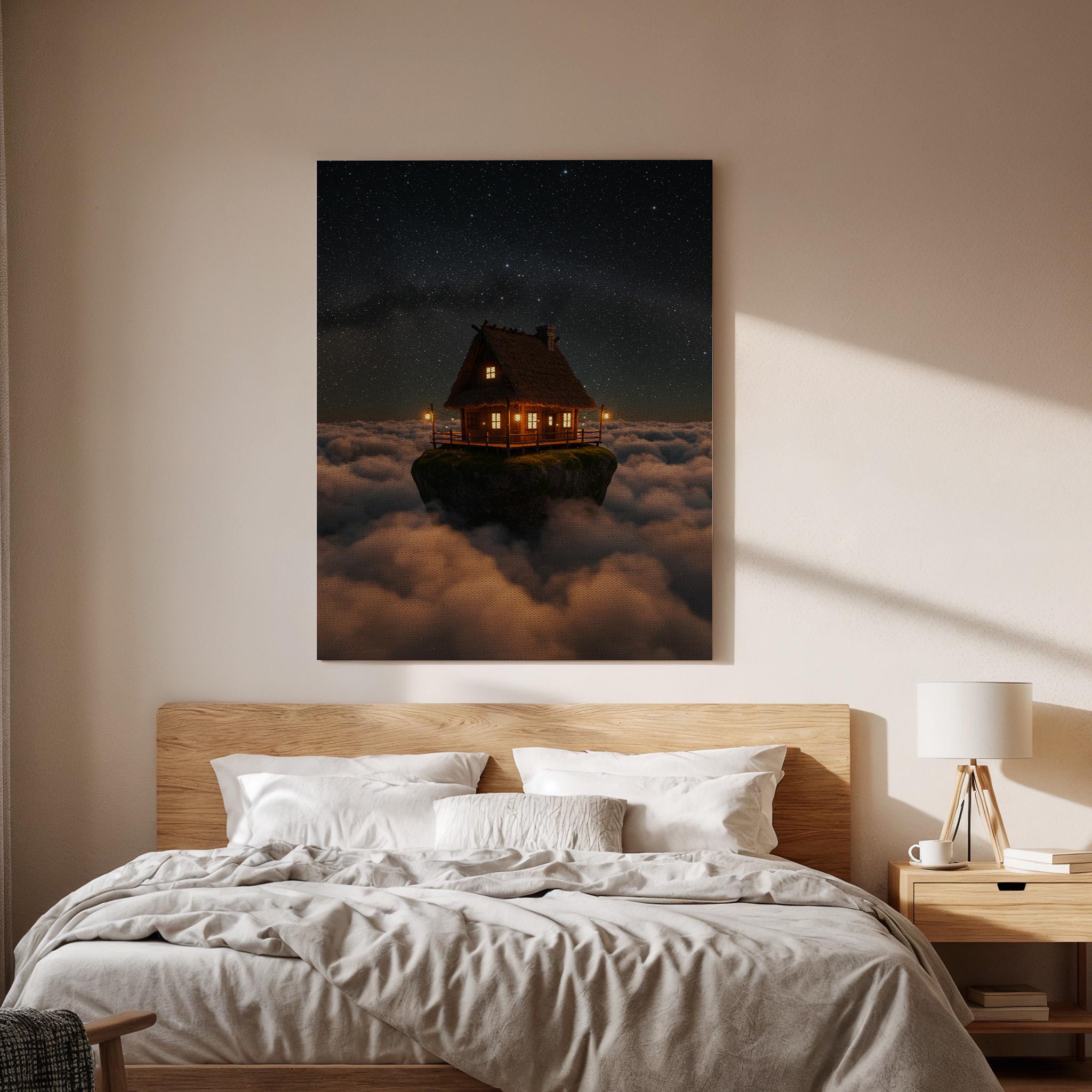 Floating Cabin Canvas Print, Fantasy Night Sky, Surreal Dreamscape
