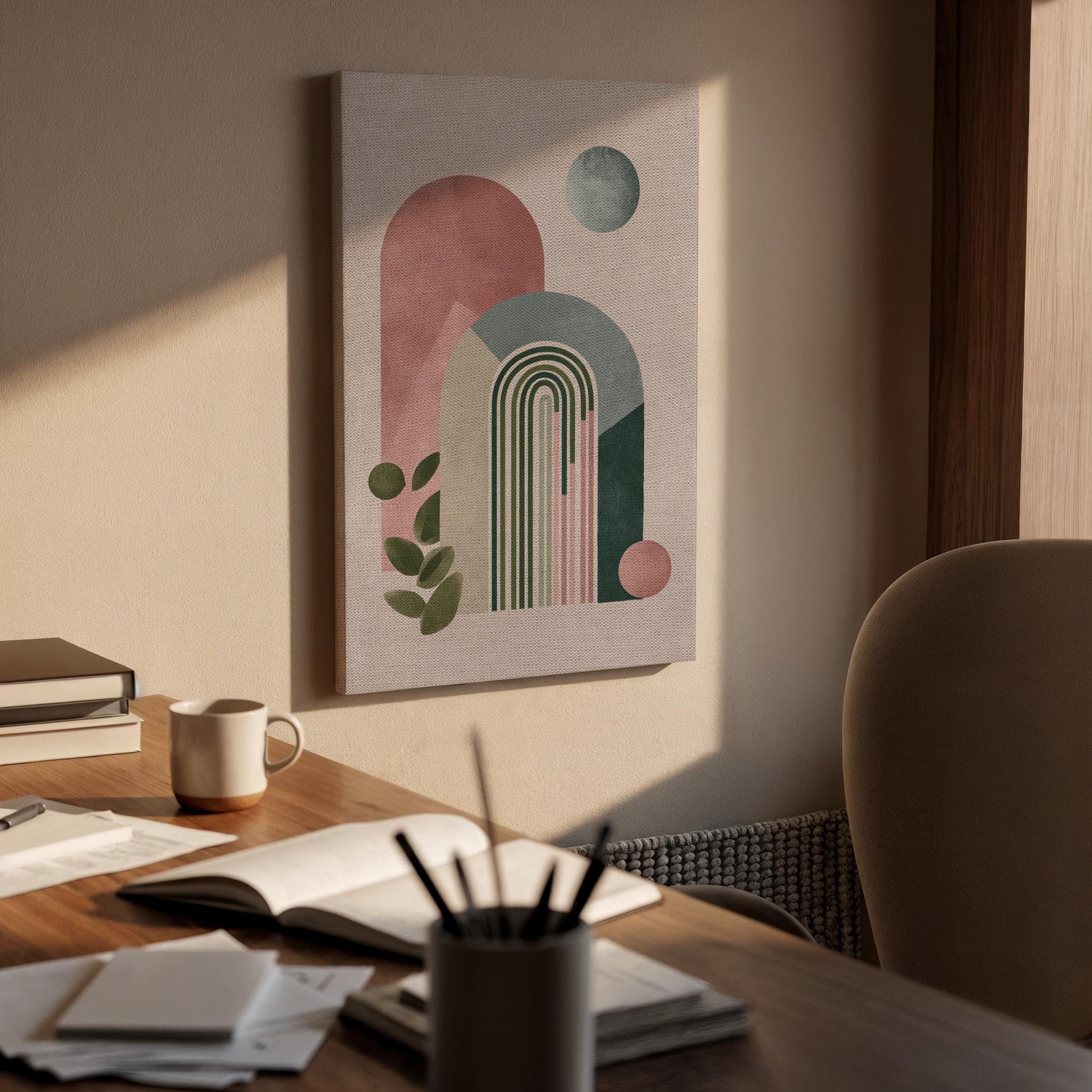 Geometric Abstract Canvas Wall Art, Minimal Rainbow Shapes Print, Modern Boho Framed Artwork, Mid Century Style Decor for Living Room