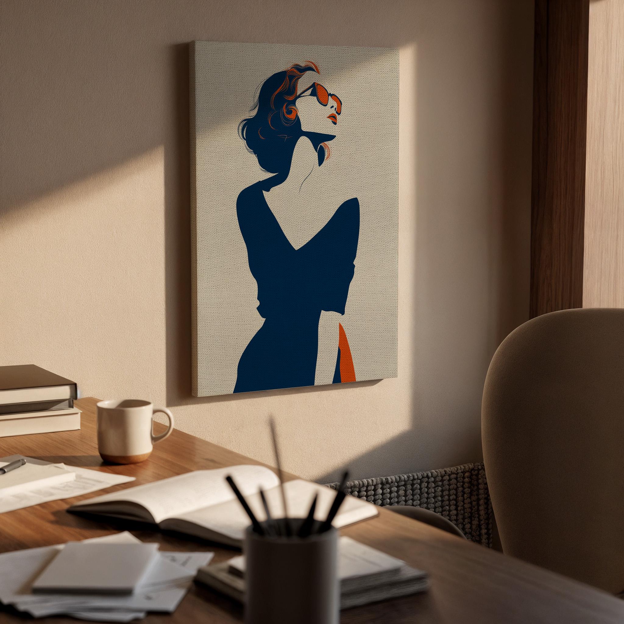 Minimal Woman Canvas Wall Art Framed, Elegant Retro Pop Fashion Silhouette Print, Chic Blue Beige Artwork for Closet or Dressing Room