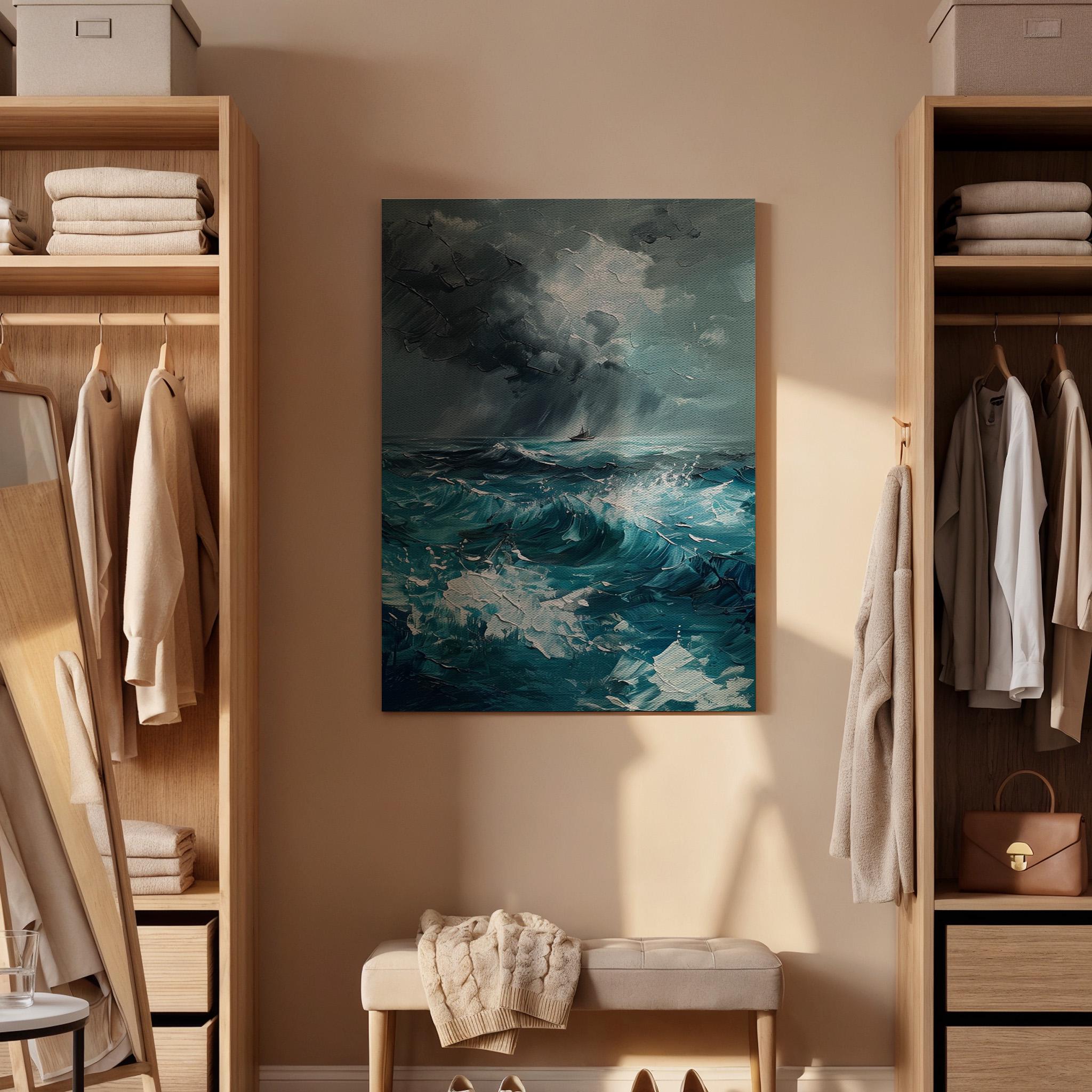 Stormy Ocean Canvas Wall Art, Abstract Seascape Painting Print, Turquoise Blue Waves Artwork, Framed Nautical Decor for Coastal Living Room