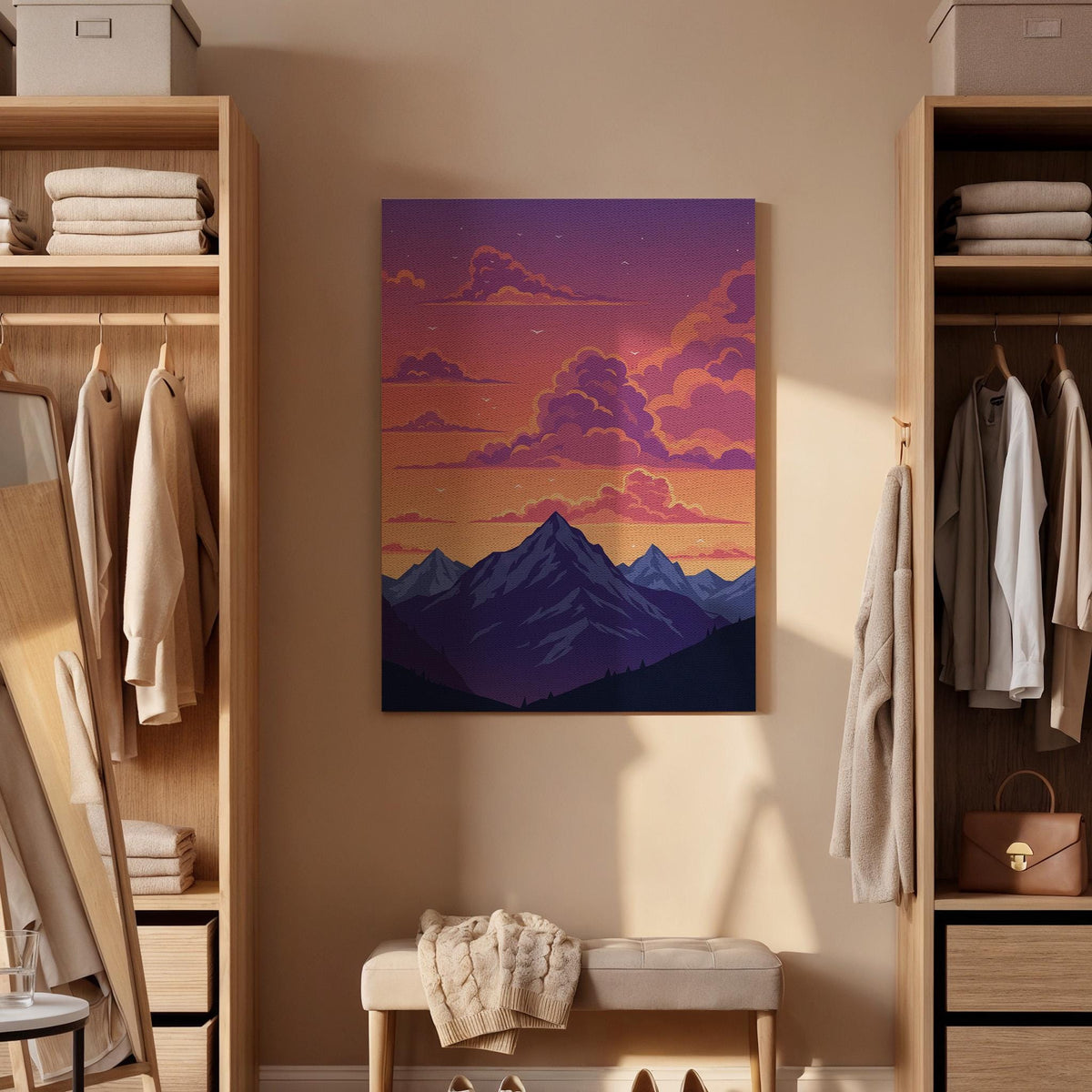 Mountain Sunset Canvas Wall Art, Purple and Orange Sky Print, Framed Nature Landscape Artwork, Modern Minimal Illustration for Bedroom