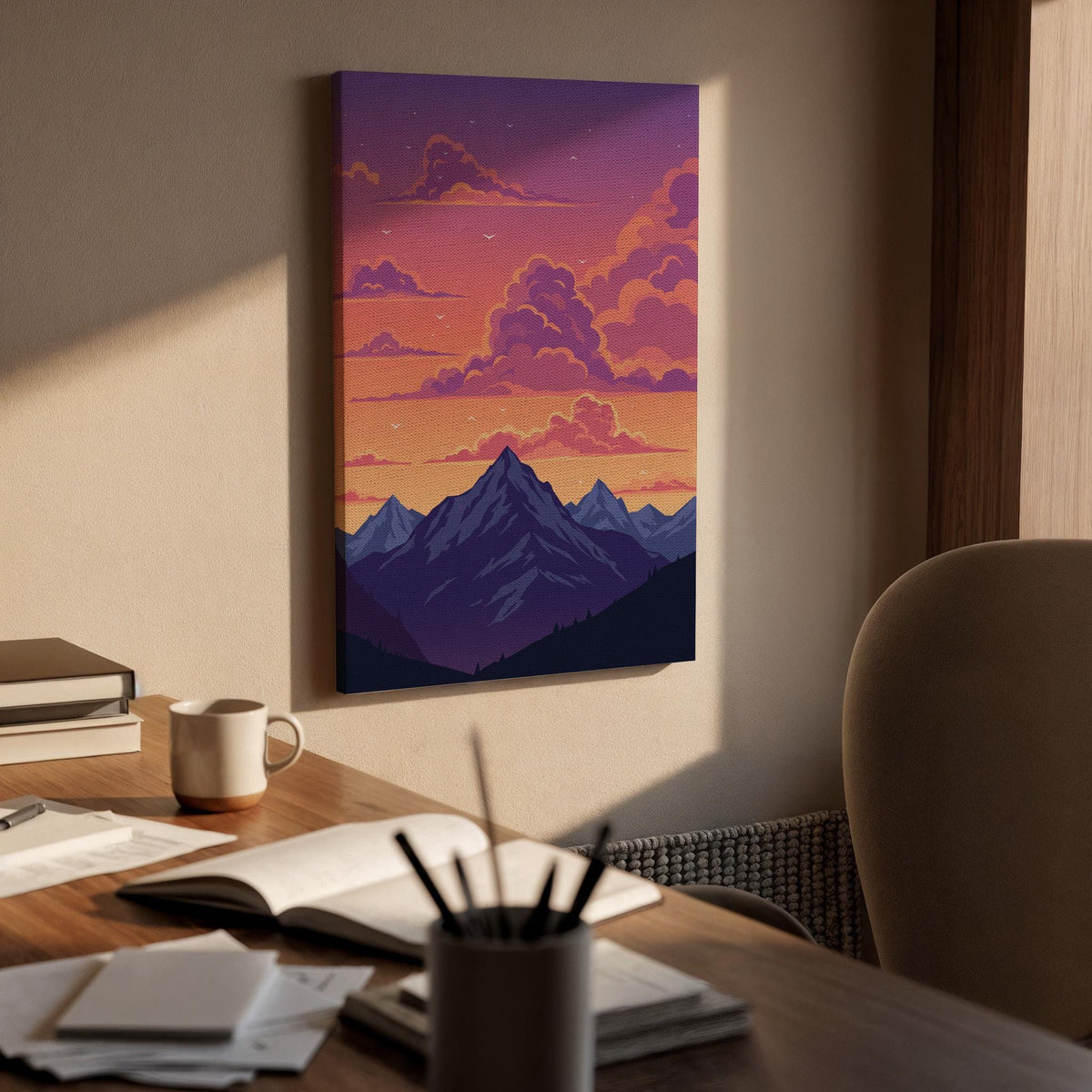 Mountain Sunset Canvas Wall Art, Purple and Orange Sky Print, Framed Nature Landscape Artwork, Modern Minimal Illustration for Bedroom