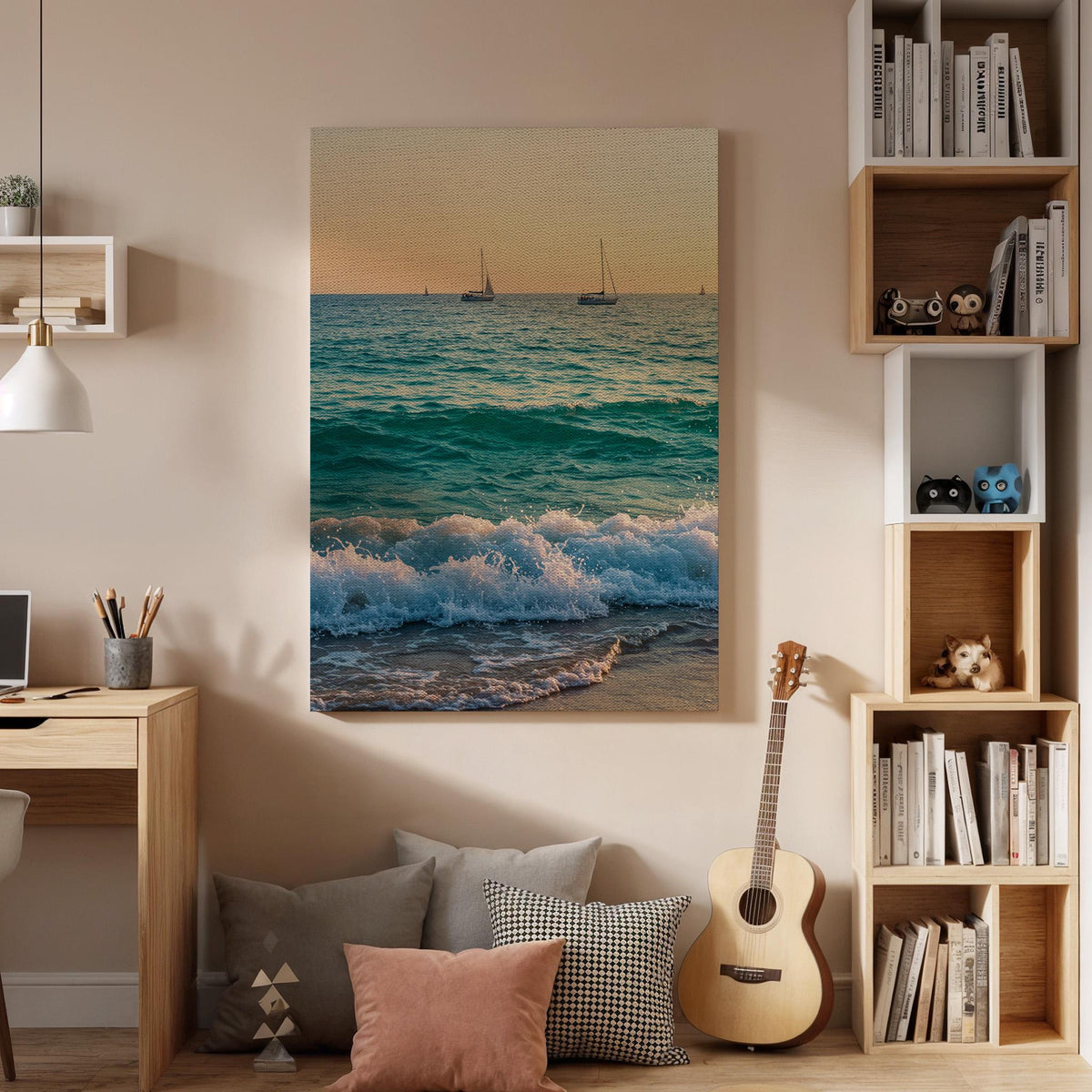 Ocean Waves Canvas Wall Art, Sunset Beach Print, Sailboat Seascape Photography, Framed Coastal Artwork for Living Room Bedroom or Office