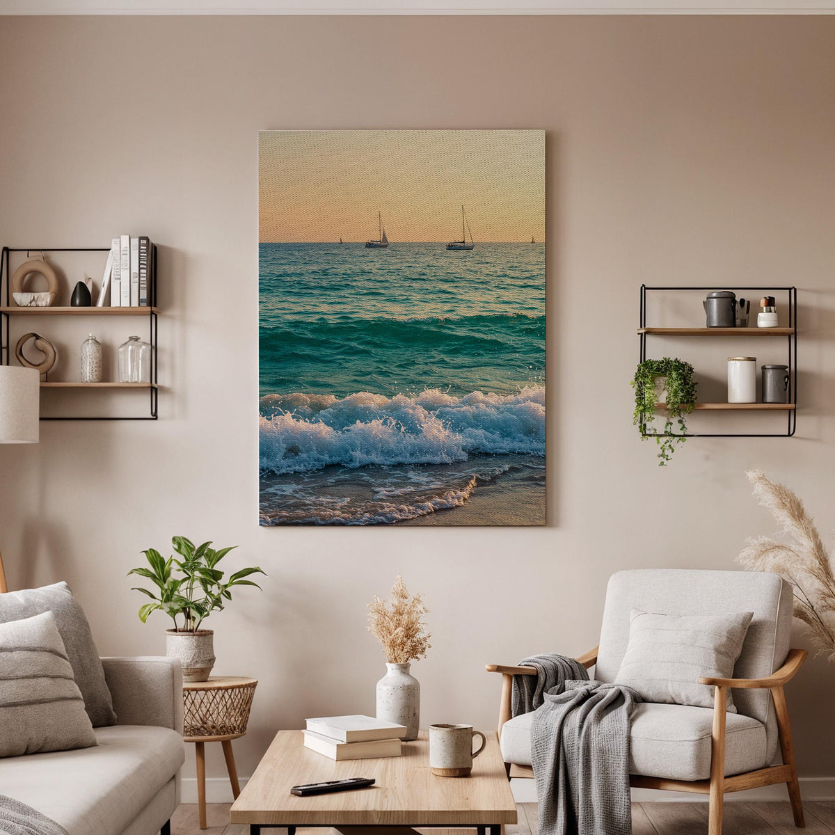 Ocean Waves Canvas Wall Art, Sunset Beach Print, Sailboat Seascape Photography, Framed Coastal Artwork for Living Room Bedroom or Office