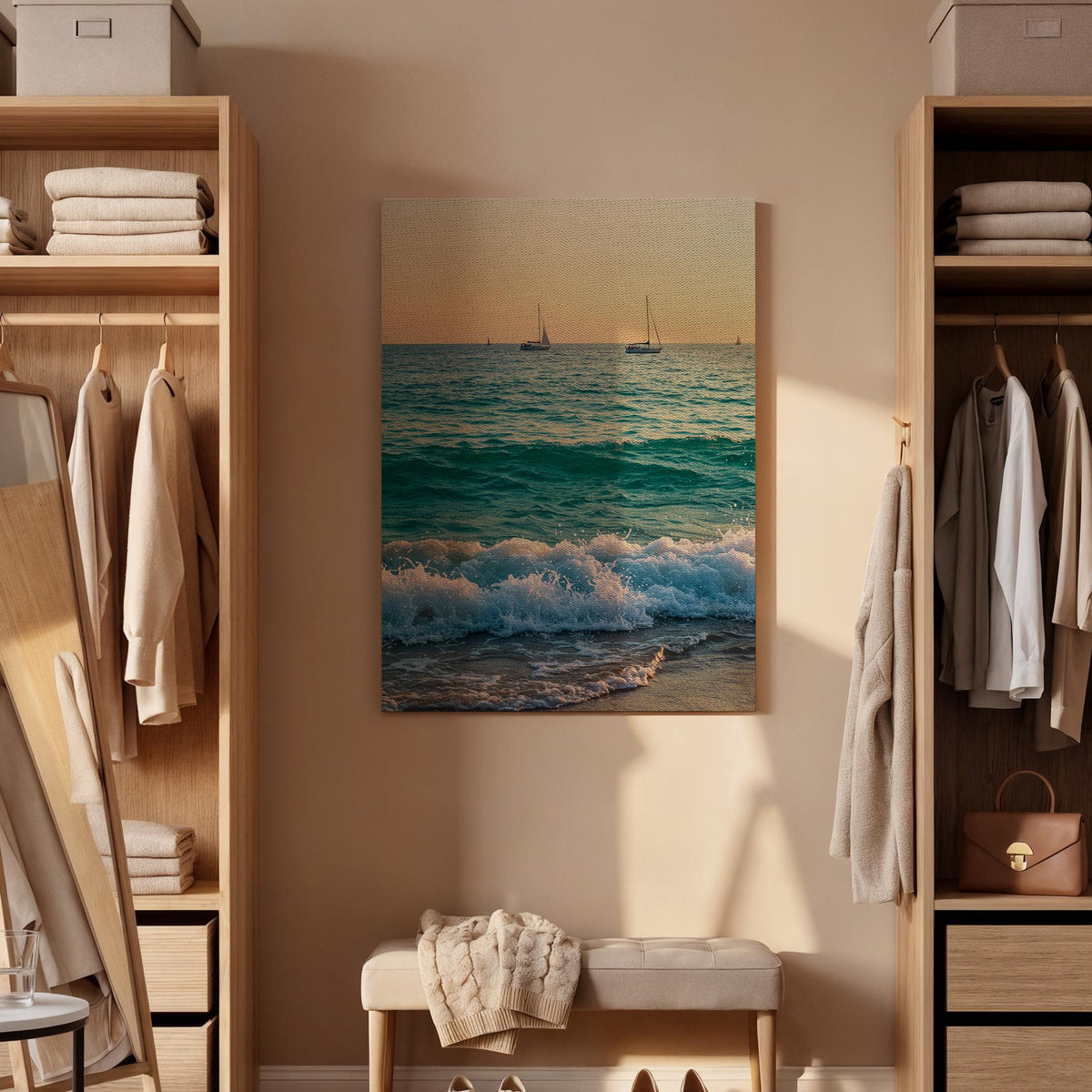 Ocean Waves Canvas Wall Art, Sunset Beach Print, Sailboat Seascape Photography, Framed Coastal Artwork for Living Room Bedroom or Office