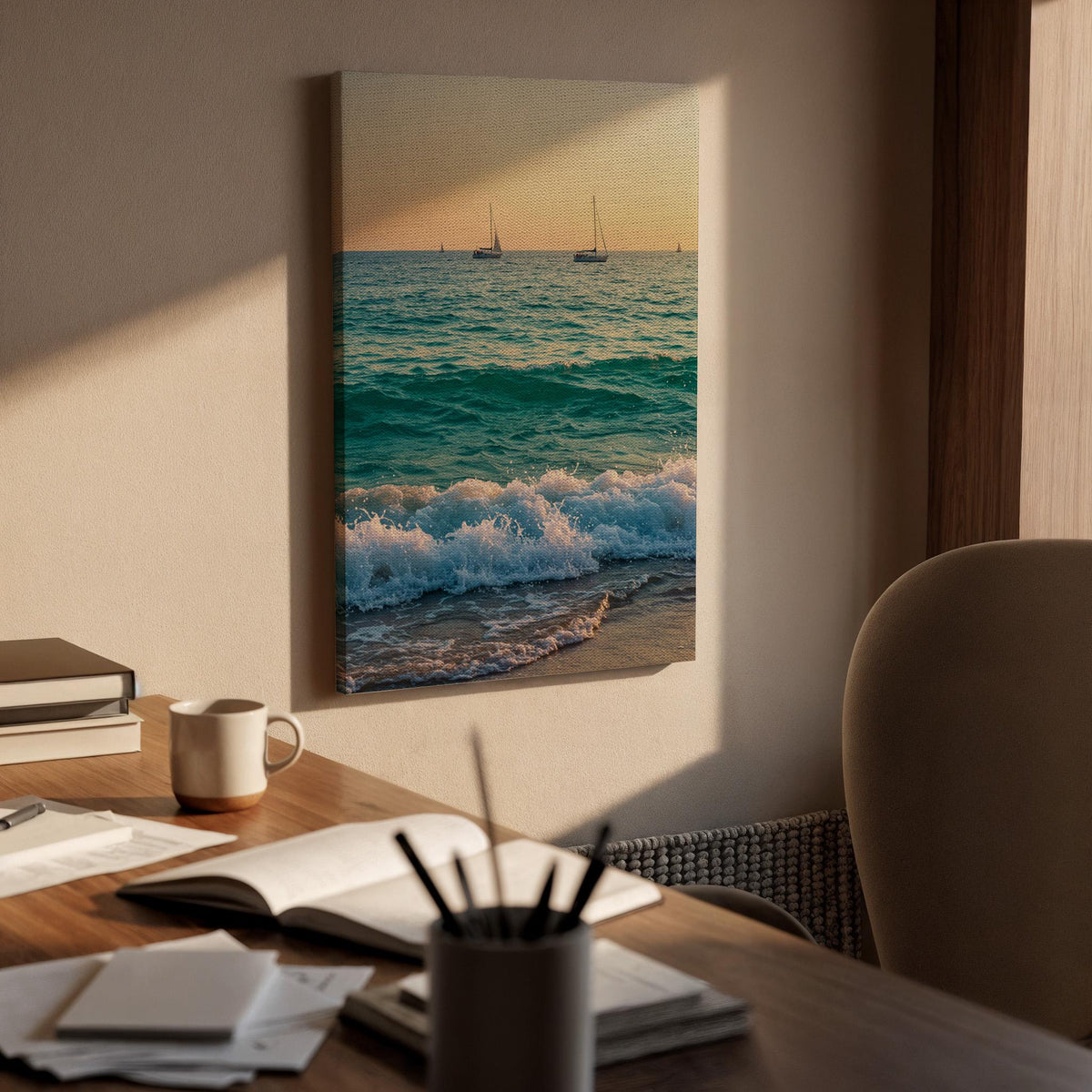 Ocean Waves Canvas Wall Art, Sunset Beach Print, Sailboat Seascape Photography, Framed Coastal Artwork for Living Room Bedroom or Office