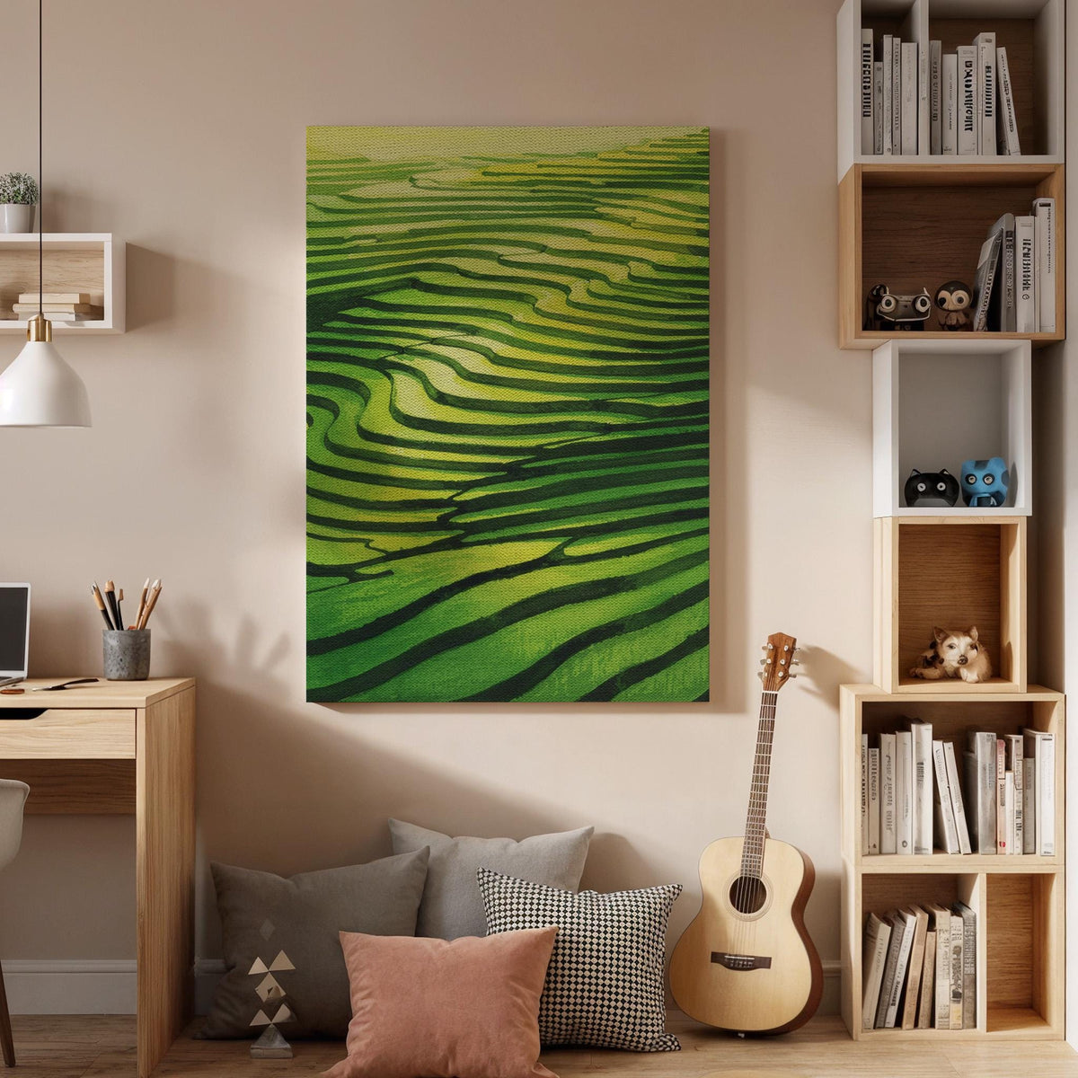 Green Rice Terrace Canvas Wall Art, Asian Landscape Print, Minimal Nature Lines Artwork, Framed Modern Abstract Decor for Living Room