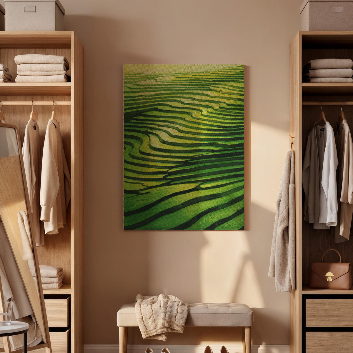 Green Rice Terrace Canvas Wall Art, Asian Landscape Print, Minimal Nature Lines Artwork, Framed Modern Abstract Decor for Living Room