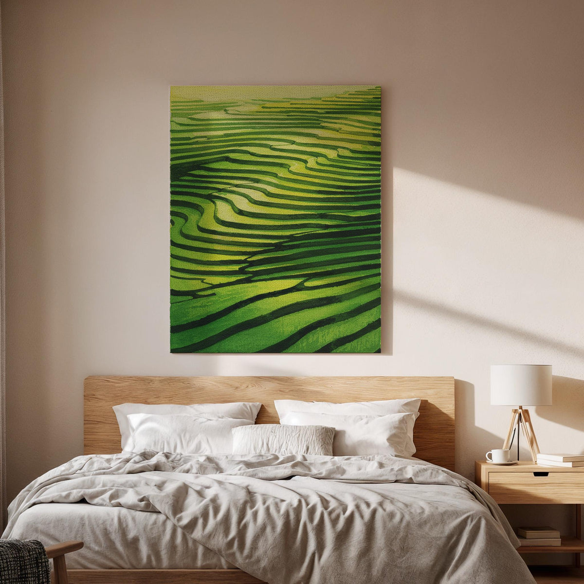 Green Rice Terrace Canvas Wall Art, Asian Landscape Print, Minimal Nature Lines Artwork, Framed Modern Abstract Decor for Living Room