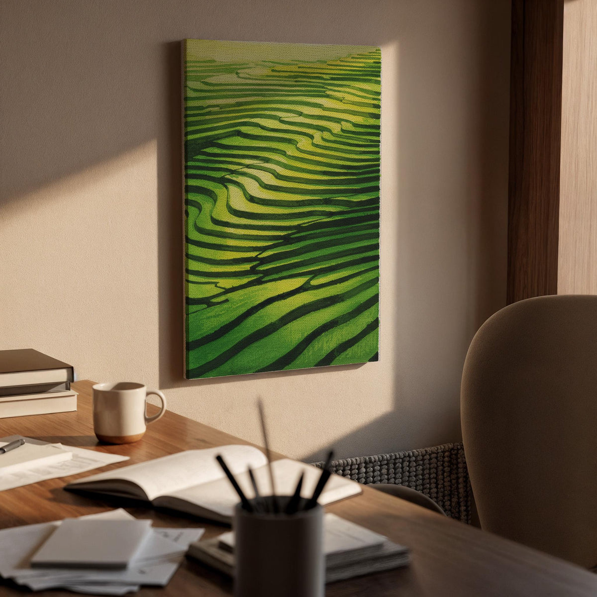 Green Rice Terrace Canvas Wall Art, Asian Landscape Print, Minimal Nature Lines Artwork, Framed Modern Abstract Decor for Living Room