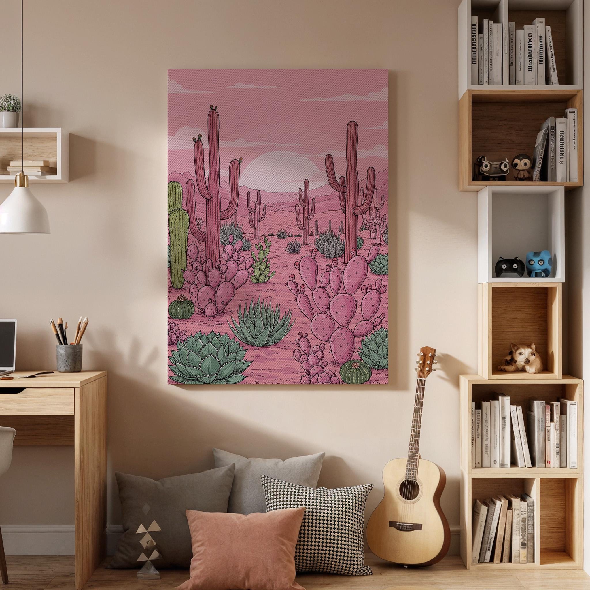 Pink Desert Cactus Canvas Wall Art, Succulent Landscape Print, Southwestern Nature Artwork Framed for Living Room Bedroom or Boho Home Decor