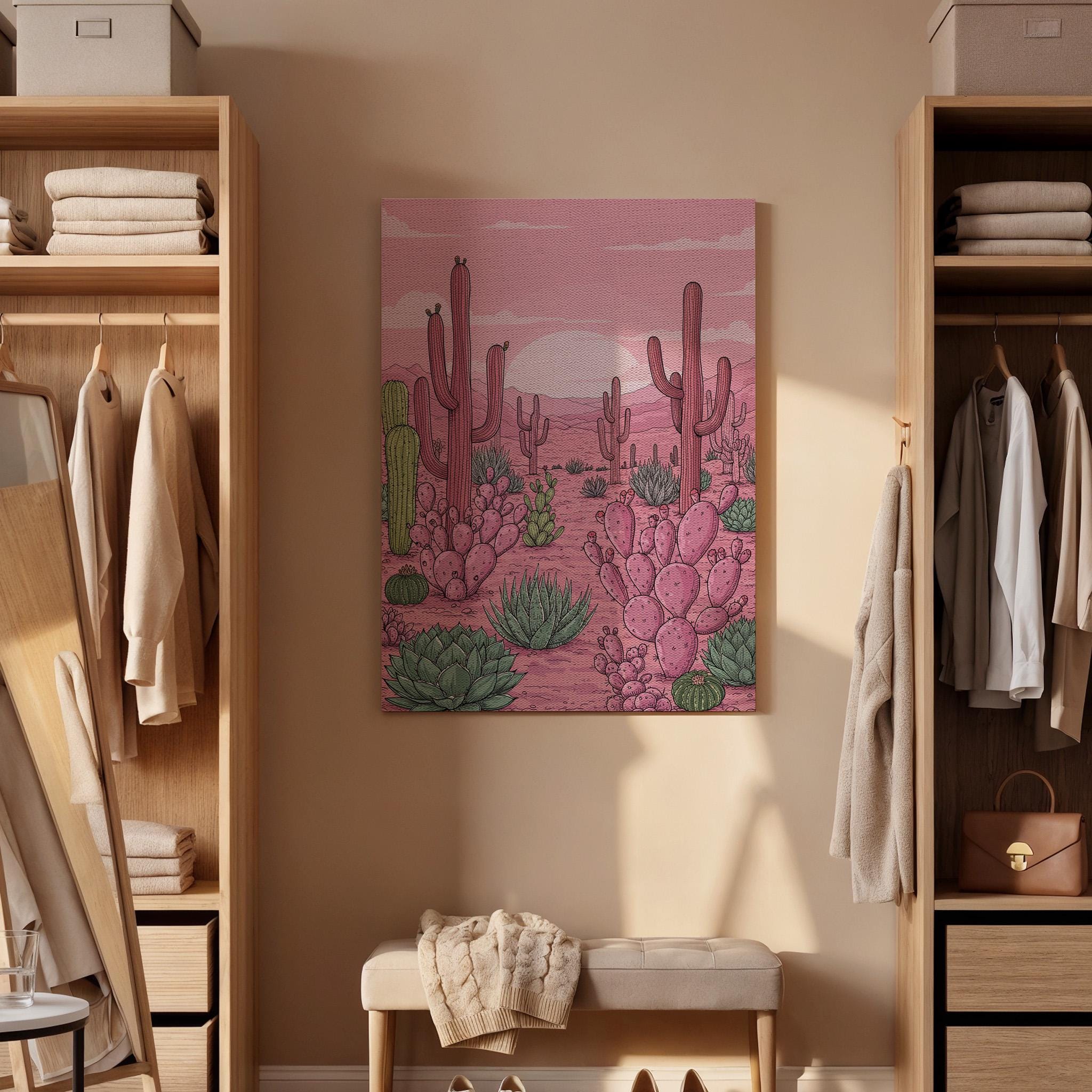 Pink Desert Cactus Canvas Wall Art, Succulent Landscape Print, Southwestern Nature Artwork Framed for Living Room Bedroom or Boho Home Decor