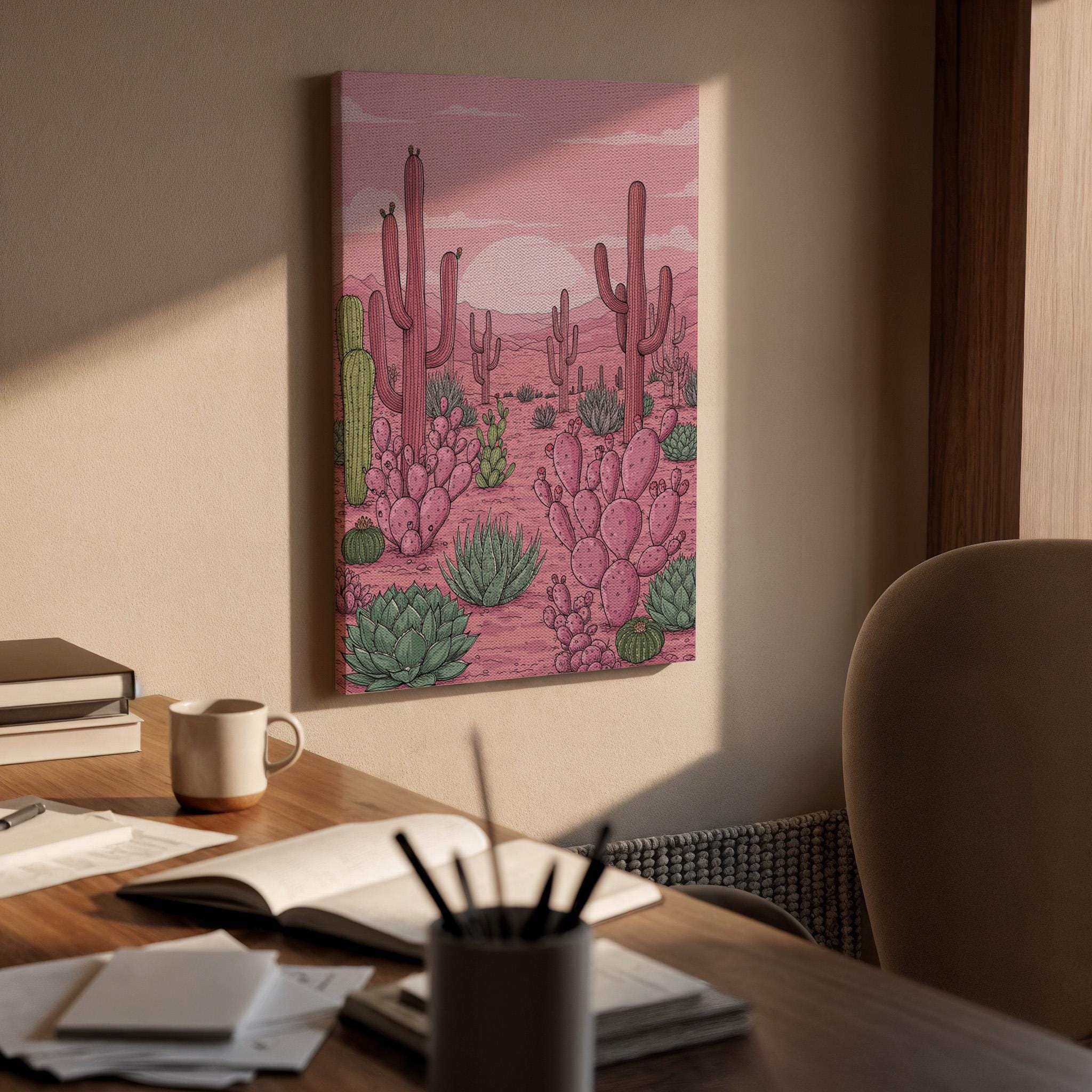 Pink Desert Cactus Canvas Wall Art, Succulent Landscape Print, Southwestern Nature Artwork Framed for Living Room Bedroom or Boho Home Decor