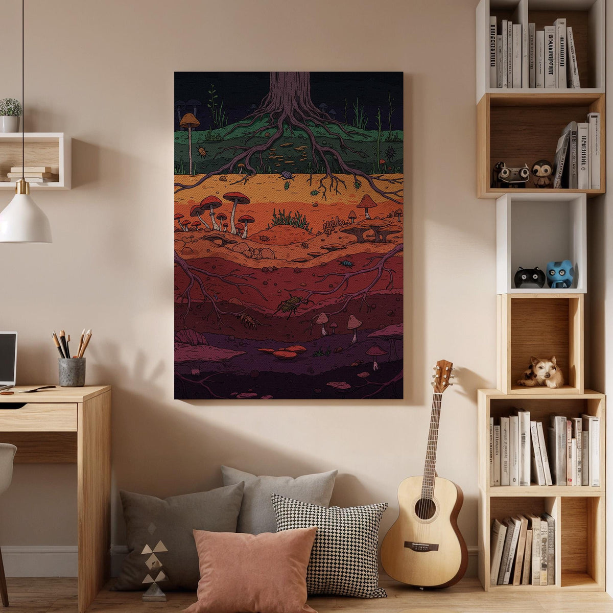 Underground Roots Canvas Wall Art, Mushroom Nature Print, Forest Soil Layers Illustration, Colorful Earthy Framed Artwork for Living Room