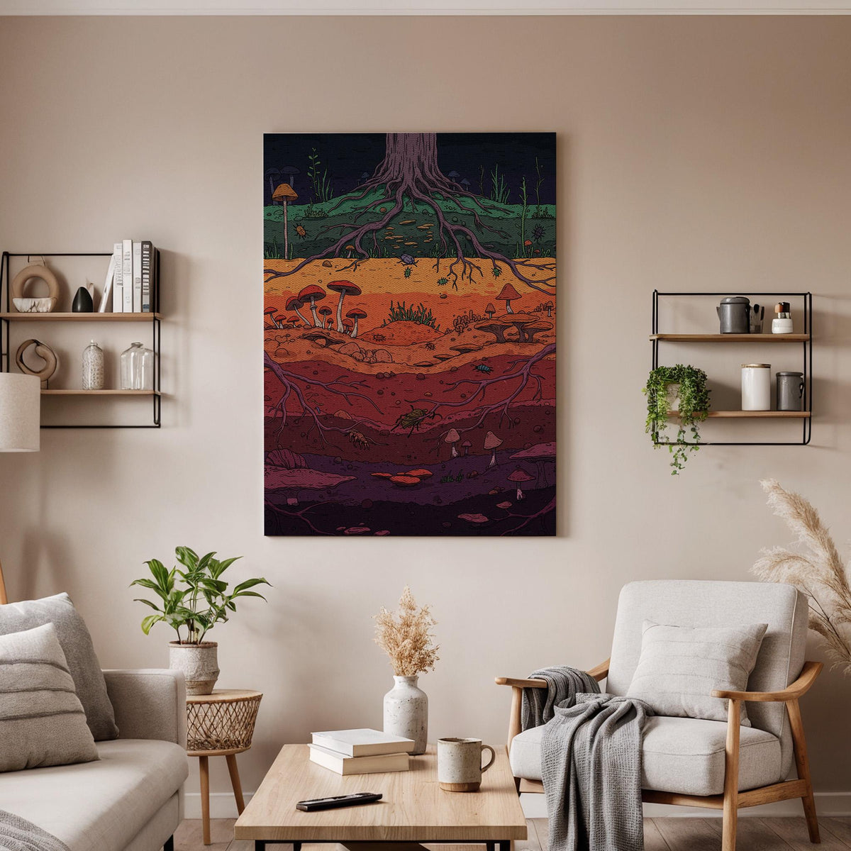 Underground Roots Canvas Wall Art, Mushroom Nature Print, Forest Soil Layers Illustration, Colorful Earthy Framed Artwork for Living Room