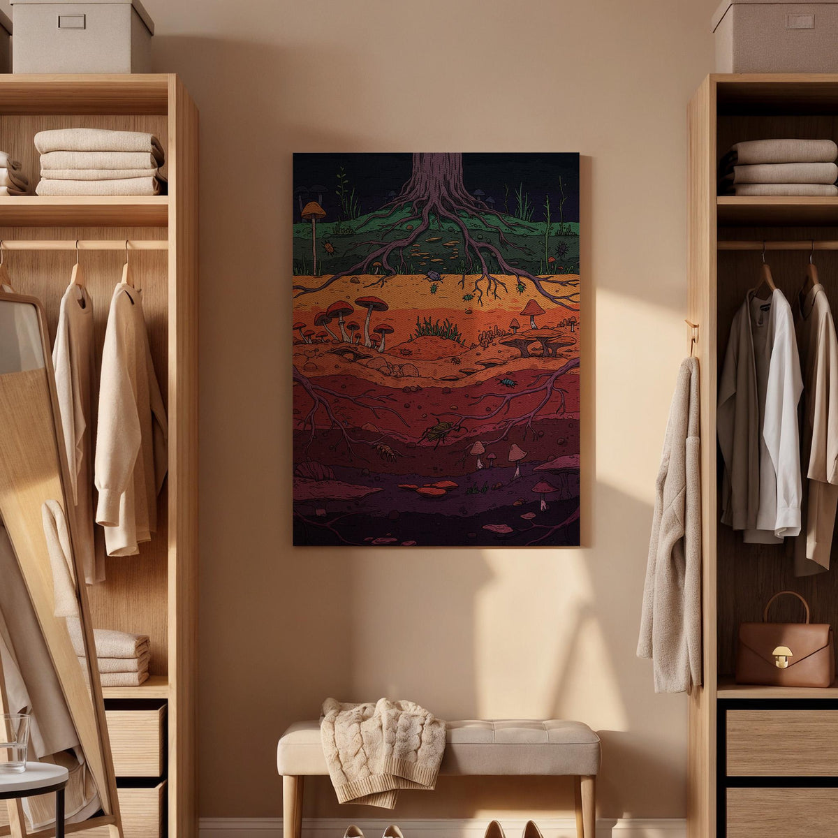 Underground Roots Canvas Wall Art, Mushroom Nature Print, Forest Soil Layers Illustration, Colorful Earthy Framed Artwork for Living Room