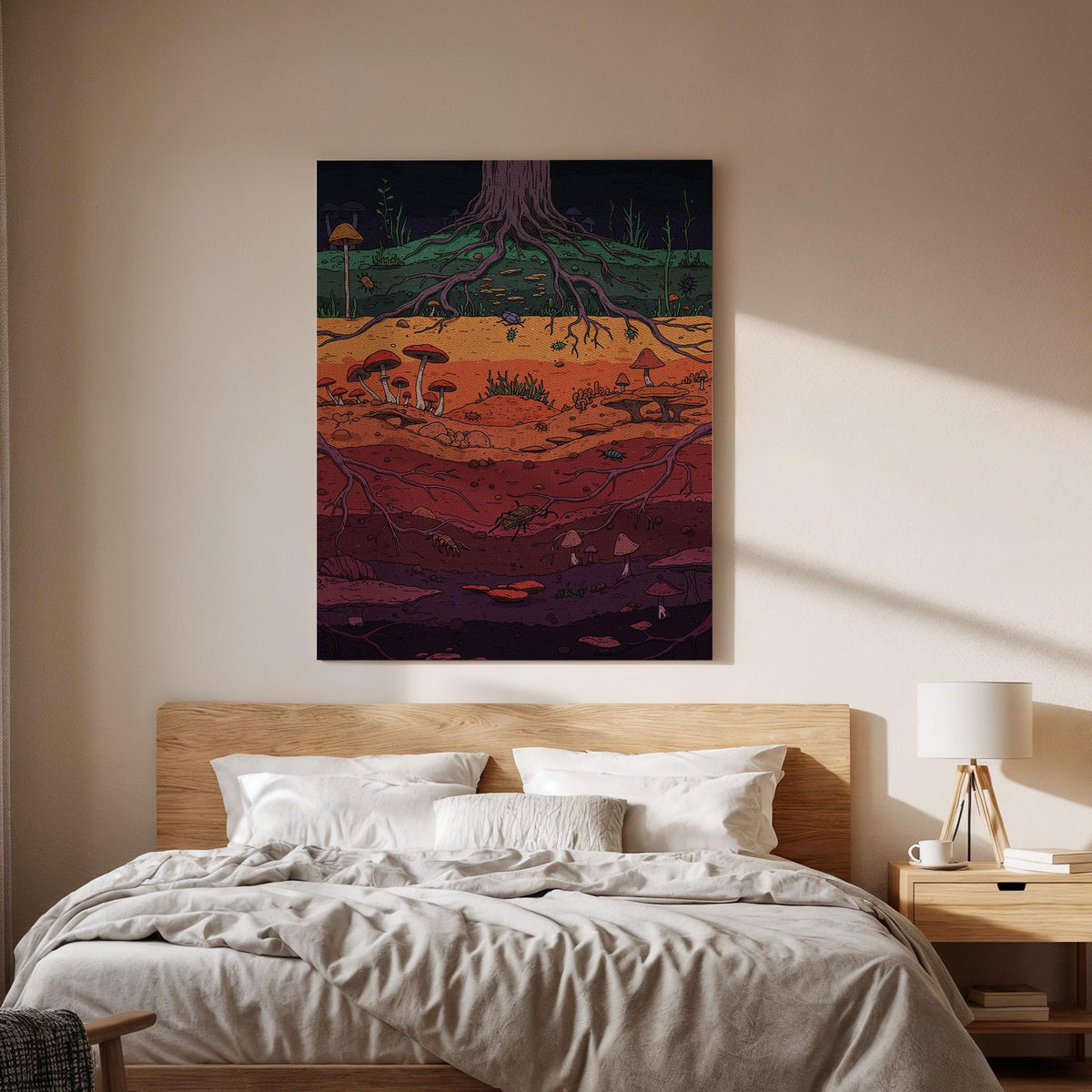 Underground Roots Canvas Wall Art, Mushroom Nature Print, Forest Soil Layers Illustration, Colorful Earthy Framed Artwork for Living Room