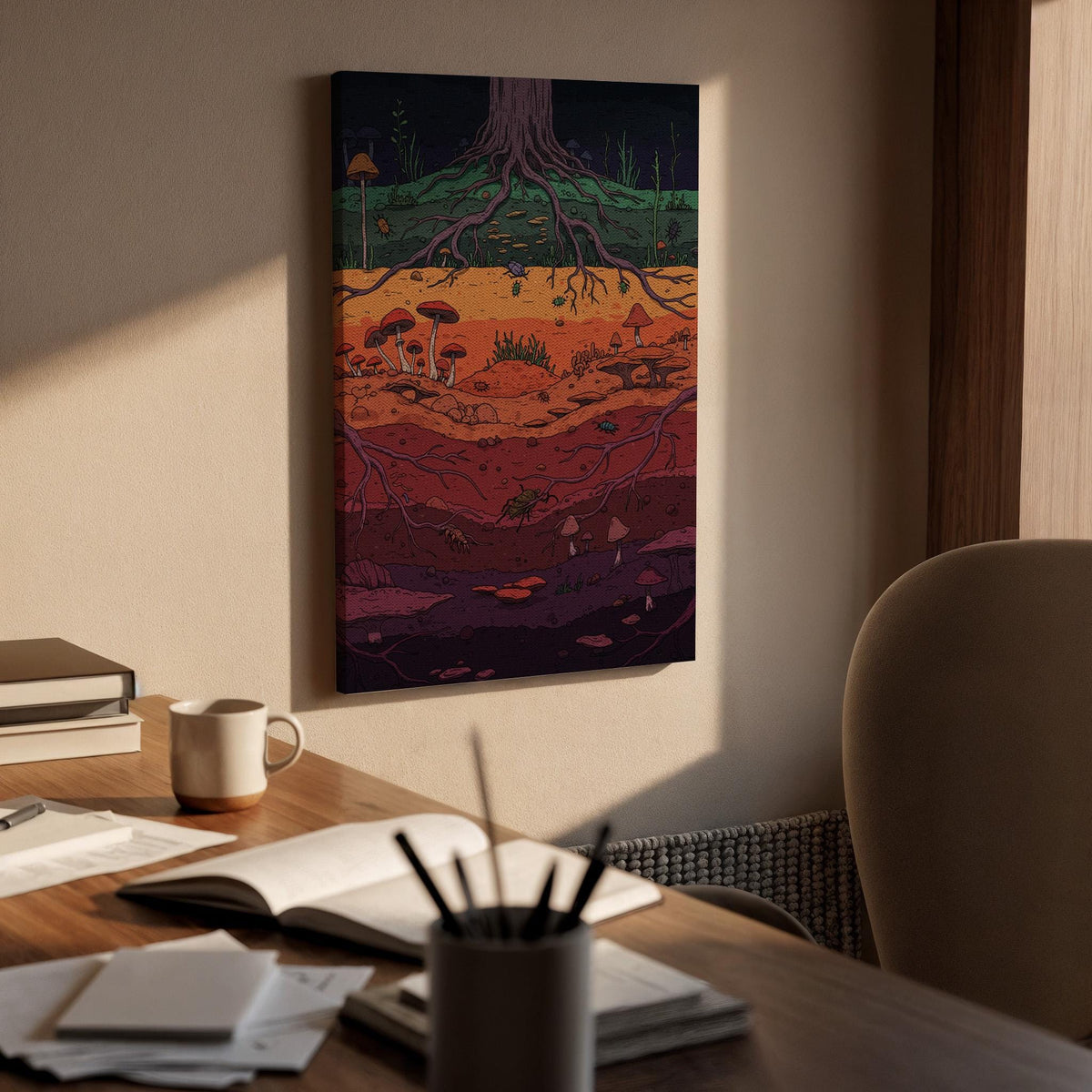 Underground Roots Canvas Wall Art, Mushroom Nature Print, Forest Soil Layers Illustration, Colorful Earthy Framed Artwork for Living Room