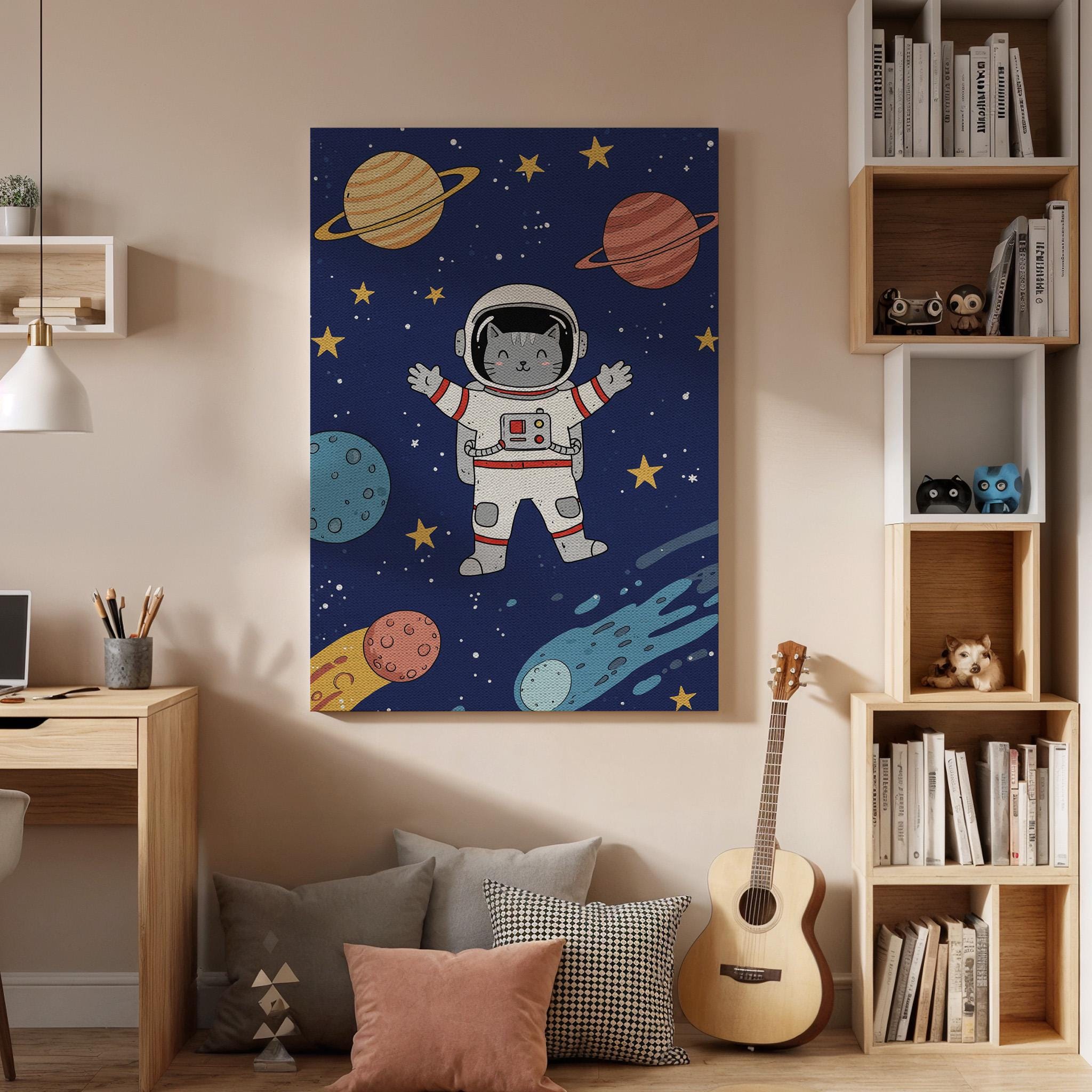 Astronaut Cat Canvas Wall Art, Space Themed Kids Room Decor, Cute Cosmic Animal Print, Framed Galaxy Artwork with Planets and Stars