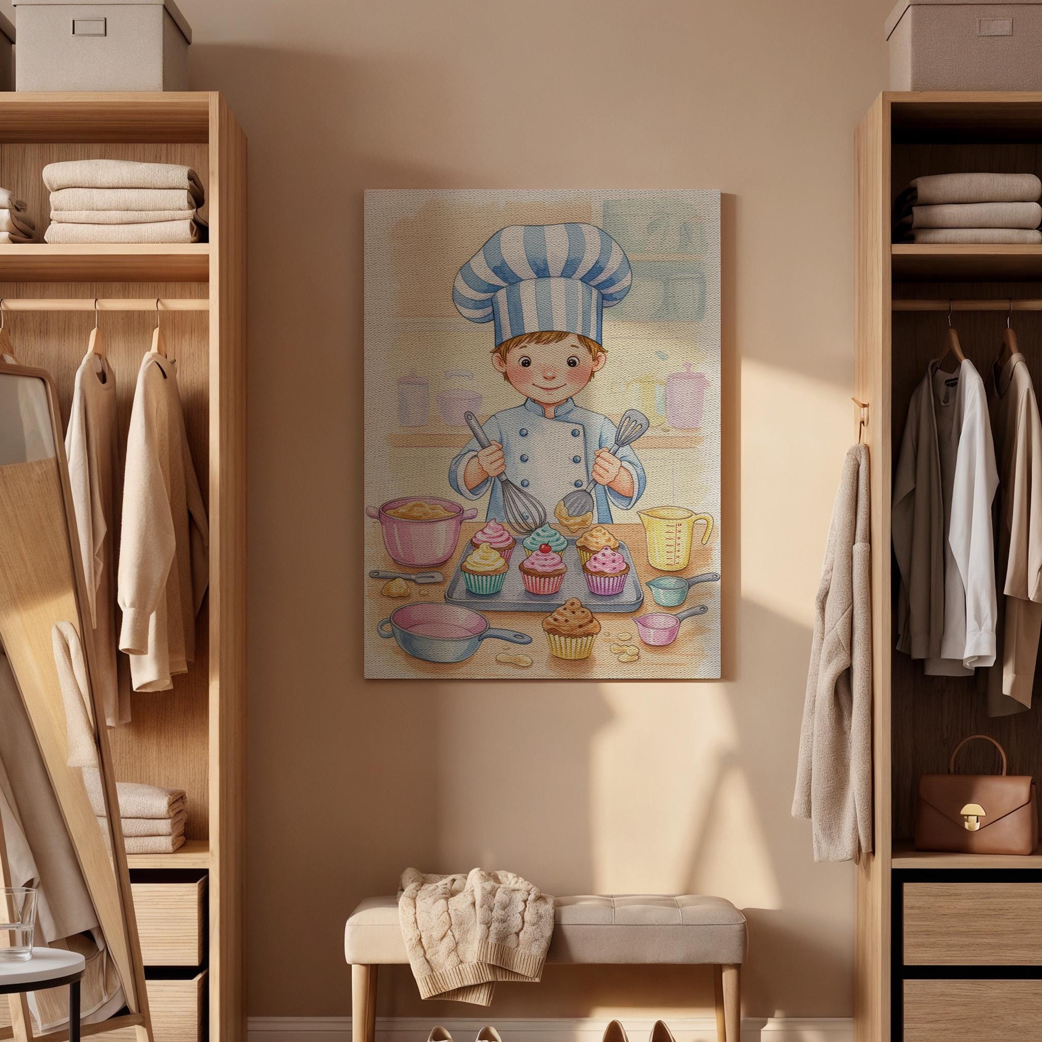 Little Chef Canvas Wall Art, Cute Kids Baking Print with Cupcakes, Whimsical Kitchen Artwork, Playful Culinary Decor, Framed Nursery