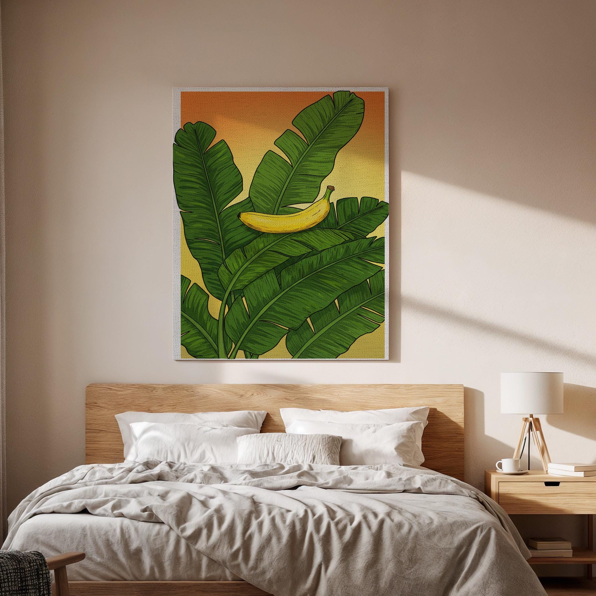 Banana Leaf Canvas Wall Art, Tropical Fruit Print, Green Botanical Kitchen Artwork, Vibrant Nature Decor, Framed Exotic Food Wall Hanging