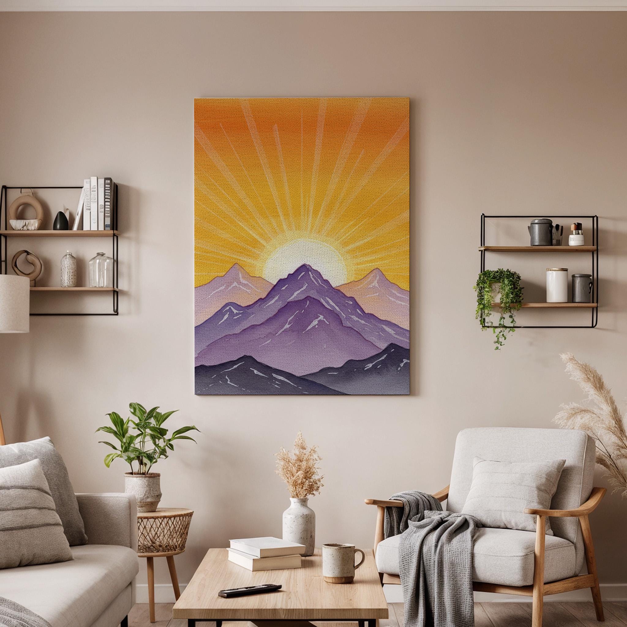 Sunrise Mountain Canvas Wall Art, Purple Sunset Landscape Print, Framed Minimal Nature Decor, Abstract Mountain Artwork for Living Room