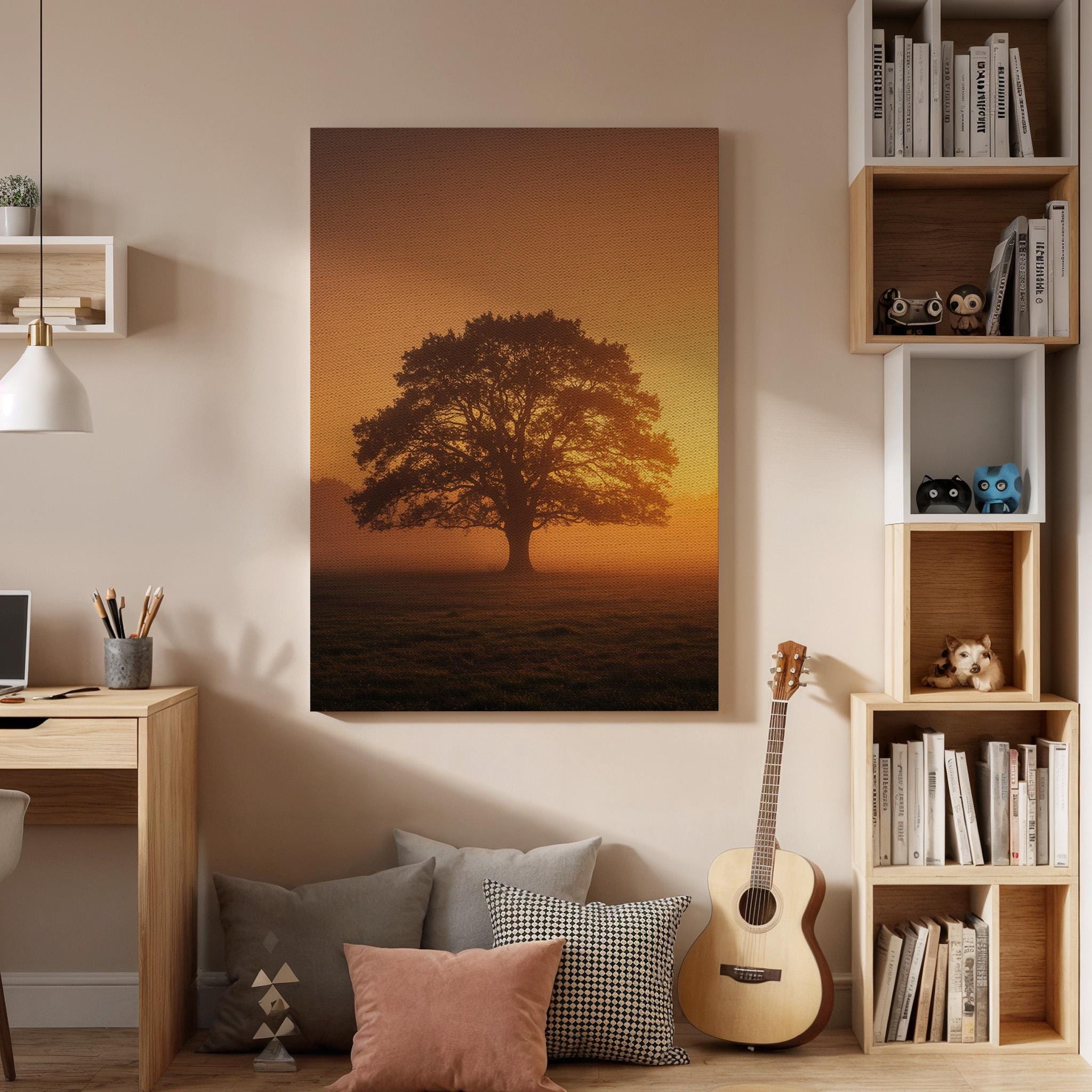 Sunset Tree Canvas Wall Art, Golden Hour Landscape Print, Framed Nature Photography, Serene Minimal Artwork for Living Room Bedroom