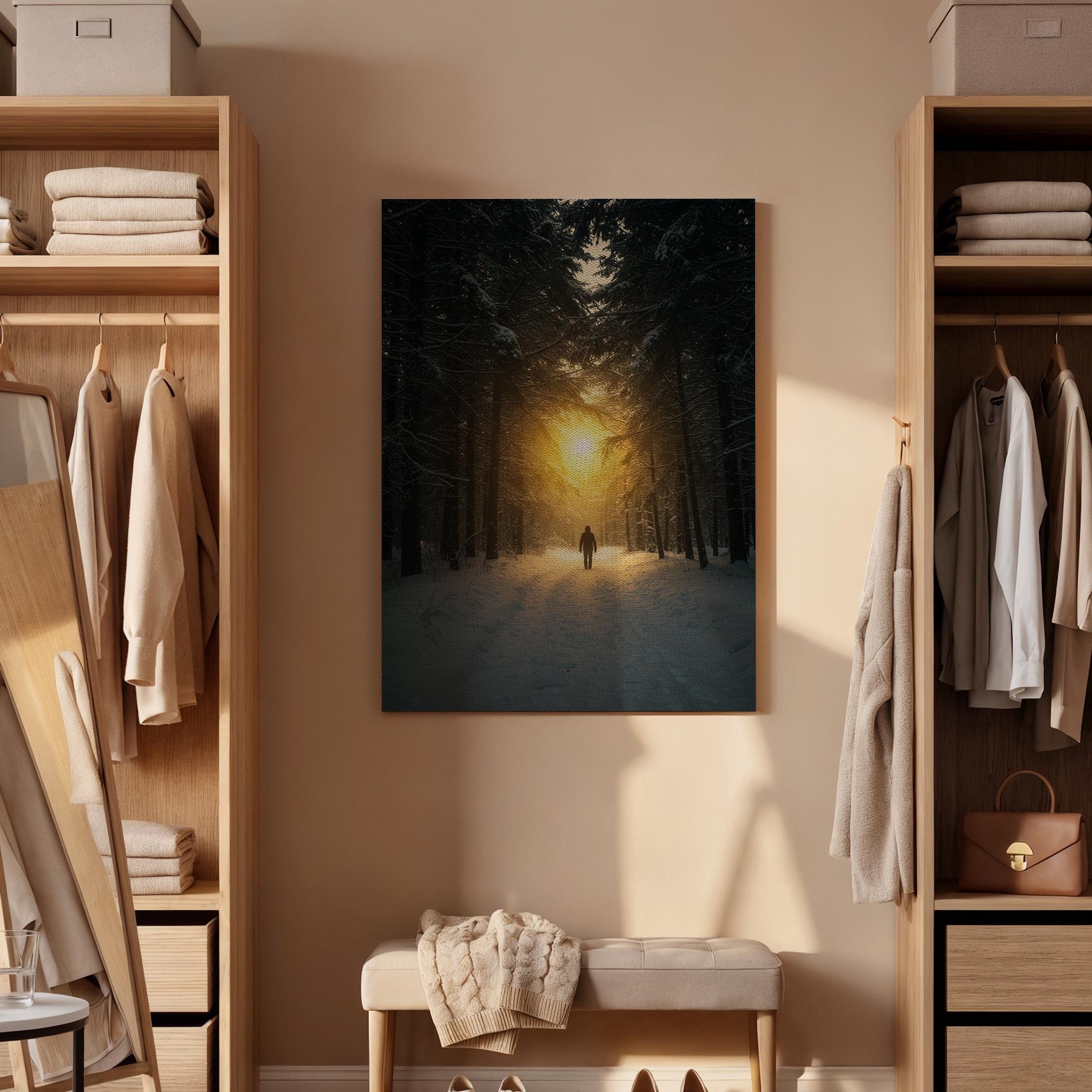 Forest Sunset Canvas Wall Art, Winter Snow Landscape Print, Framed Nature Artwork, Scenic Sunlight Path Wall Decor for Living Room Bedroom