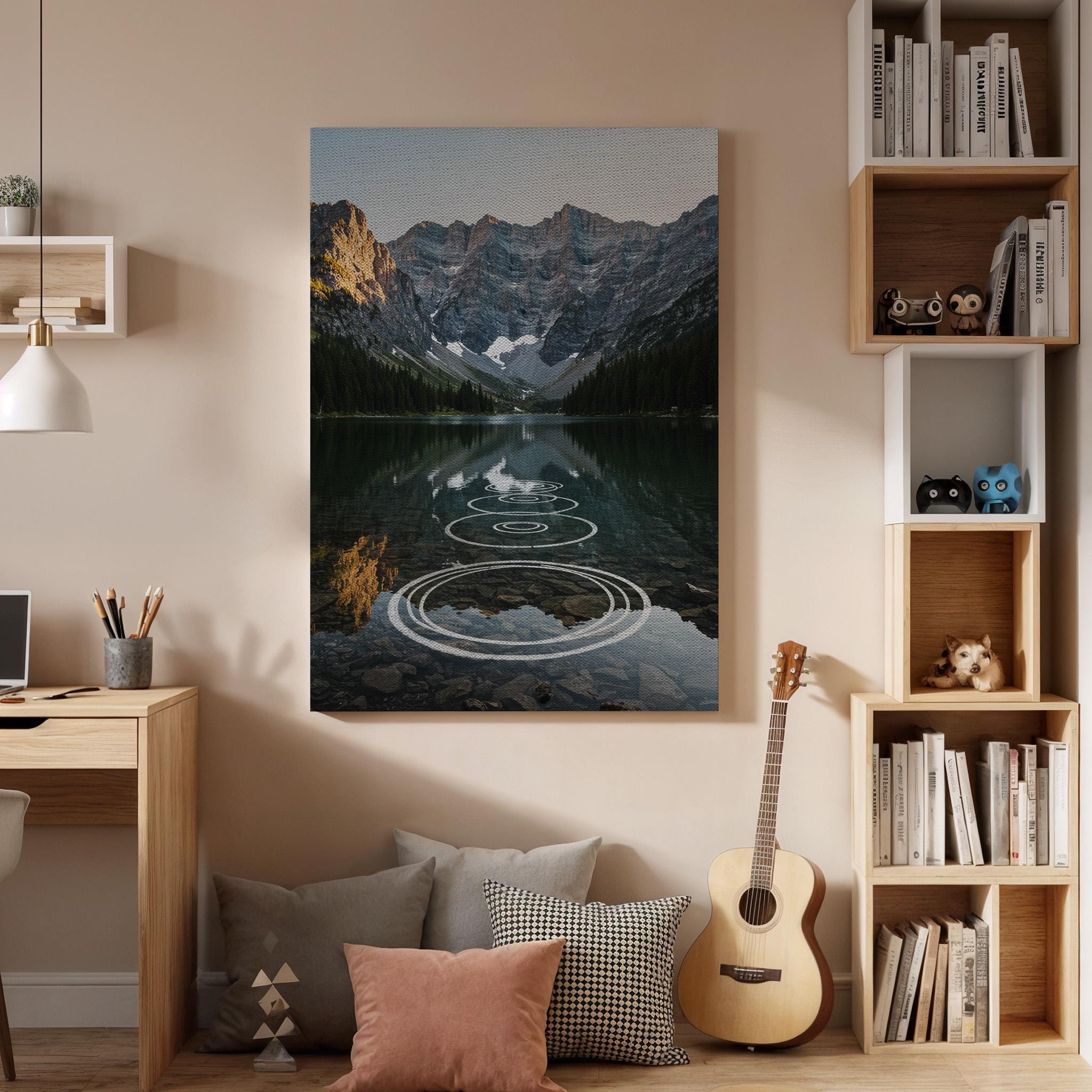 Mountain Lake Canvas Wall Art, Scenic Nature Landscape Print, Framed Reflection Artwork, Tranquil Water Ripple Wall Decor for Living Room