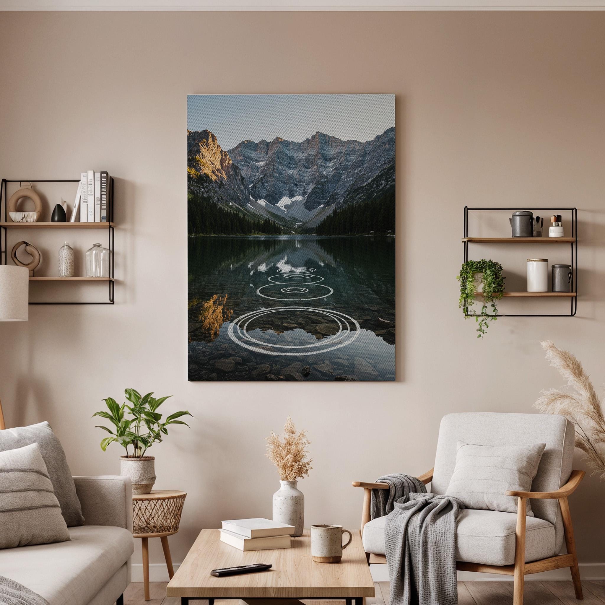 Mountain Lake Canvas Wall Art, Scenic Nature Landscape Print, Framed Reflection Artwork, Tranquil Water Ripple Wall Decor for Living Room
